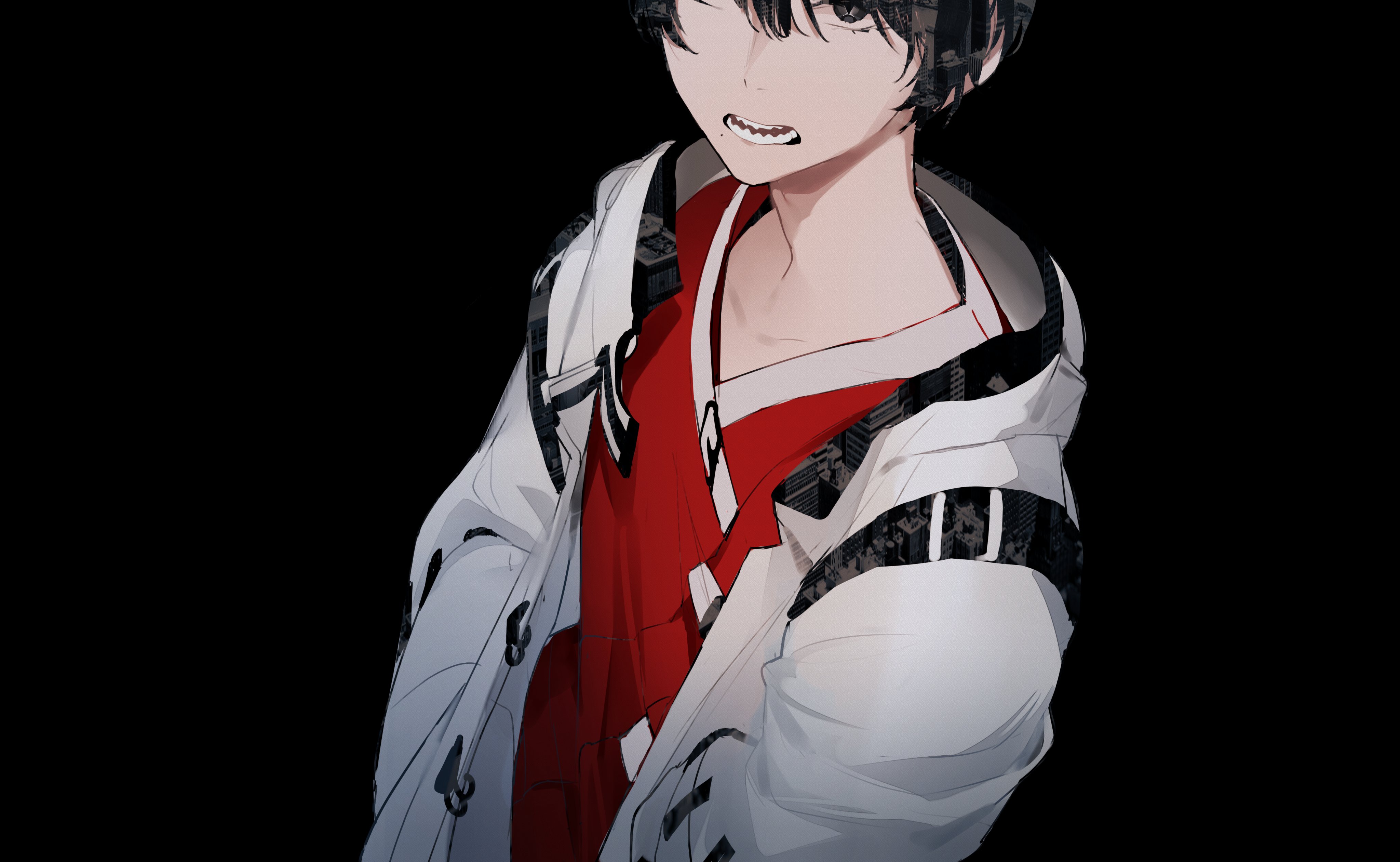 Anime 4096x2521 anime boys black background black hair black eyes jacket red shirt