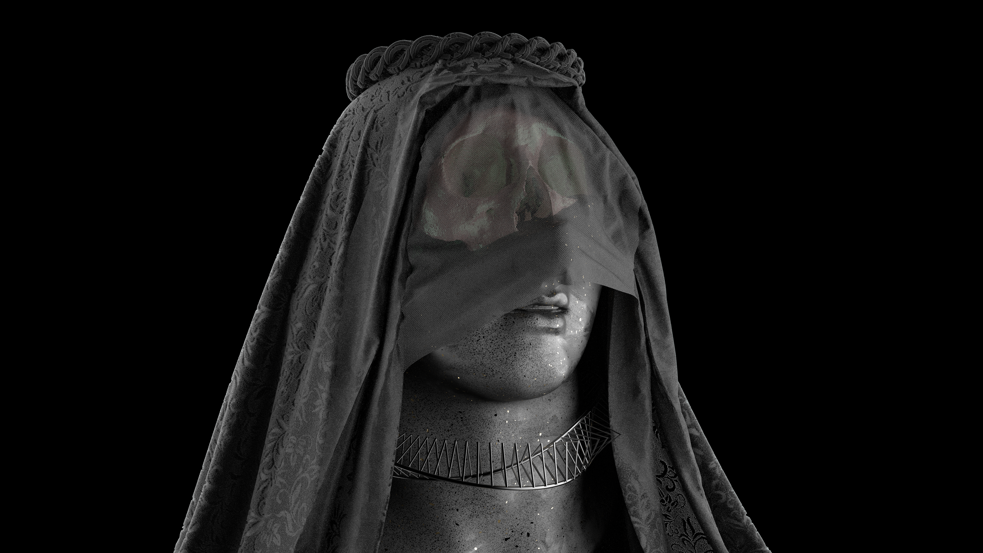 General 3840x2160 portrait statue skull veils CGI digital art