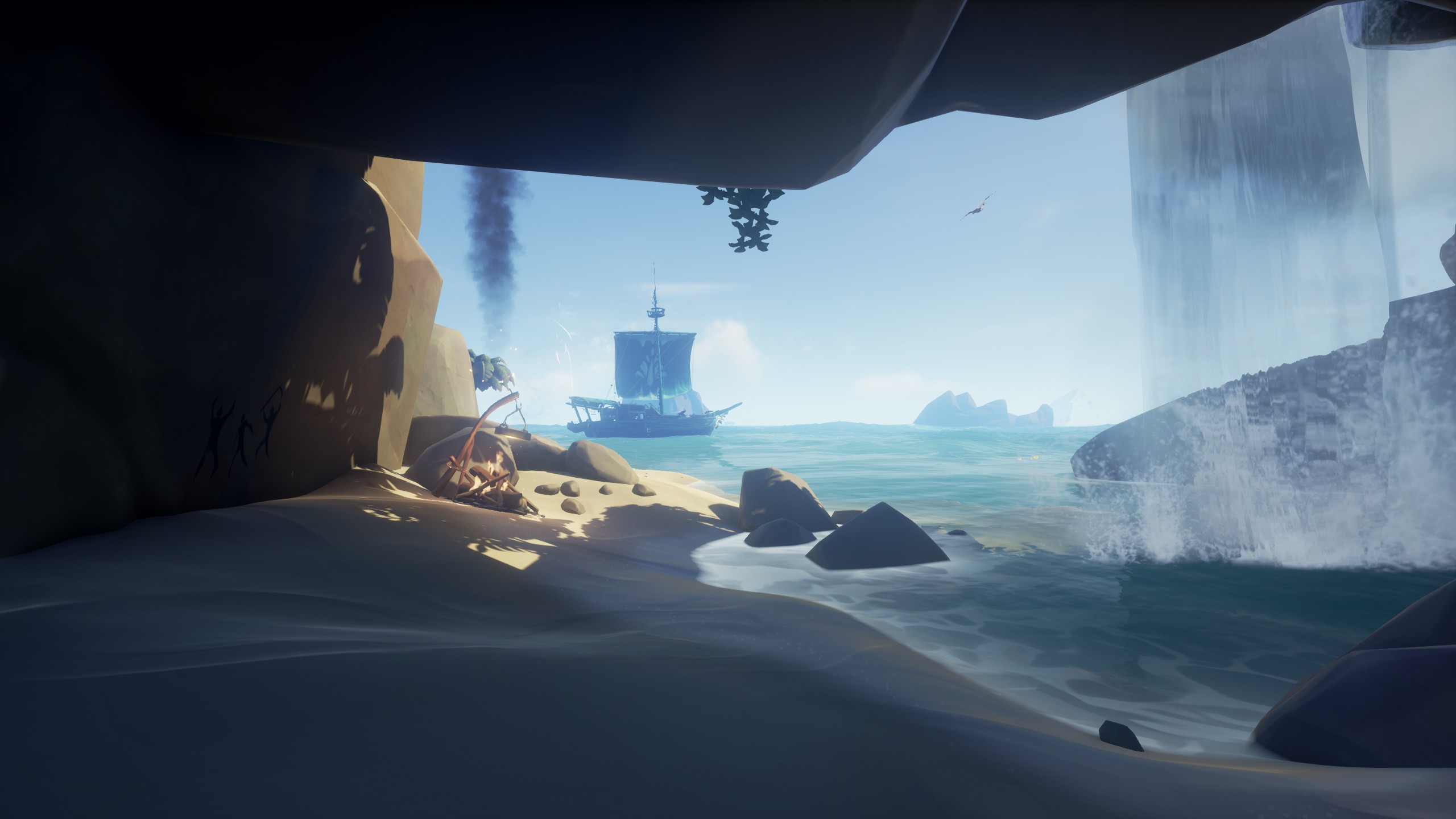 General 2560x1440 Sea of Thieves screen shot water beach boat calm campfire cave waterfall