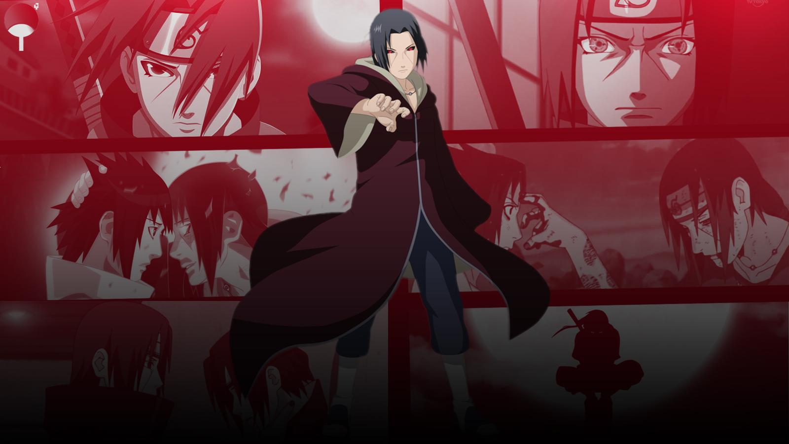 Anime 1600x900 Uchiha Itachi Naruto Shippuden anime red eyes anime boys dark hair standing red background