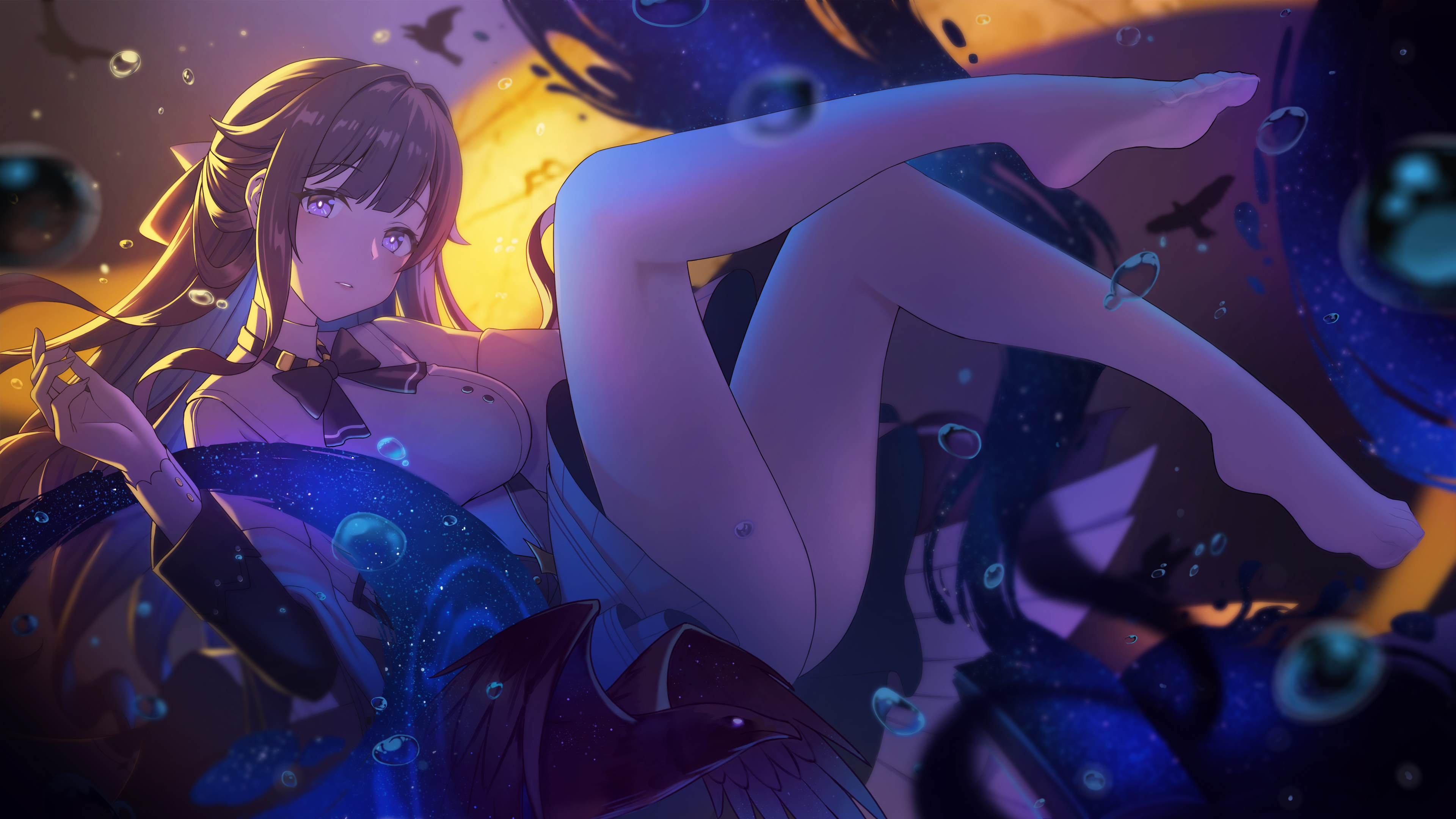 Anime 3840x2160 legs purple eyes water feet brunette anime girls artwork Fukuro Ko Honkai Impact 3rd Honkai Impact