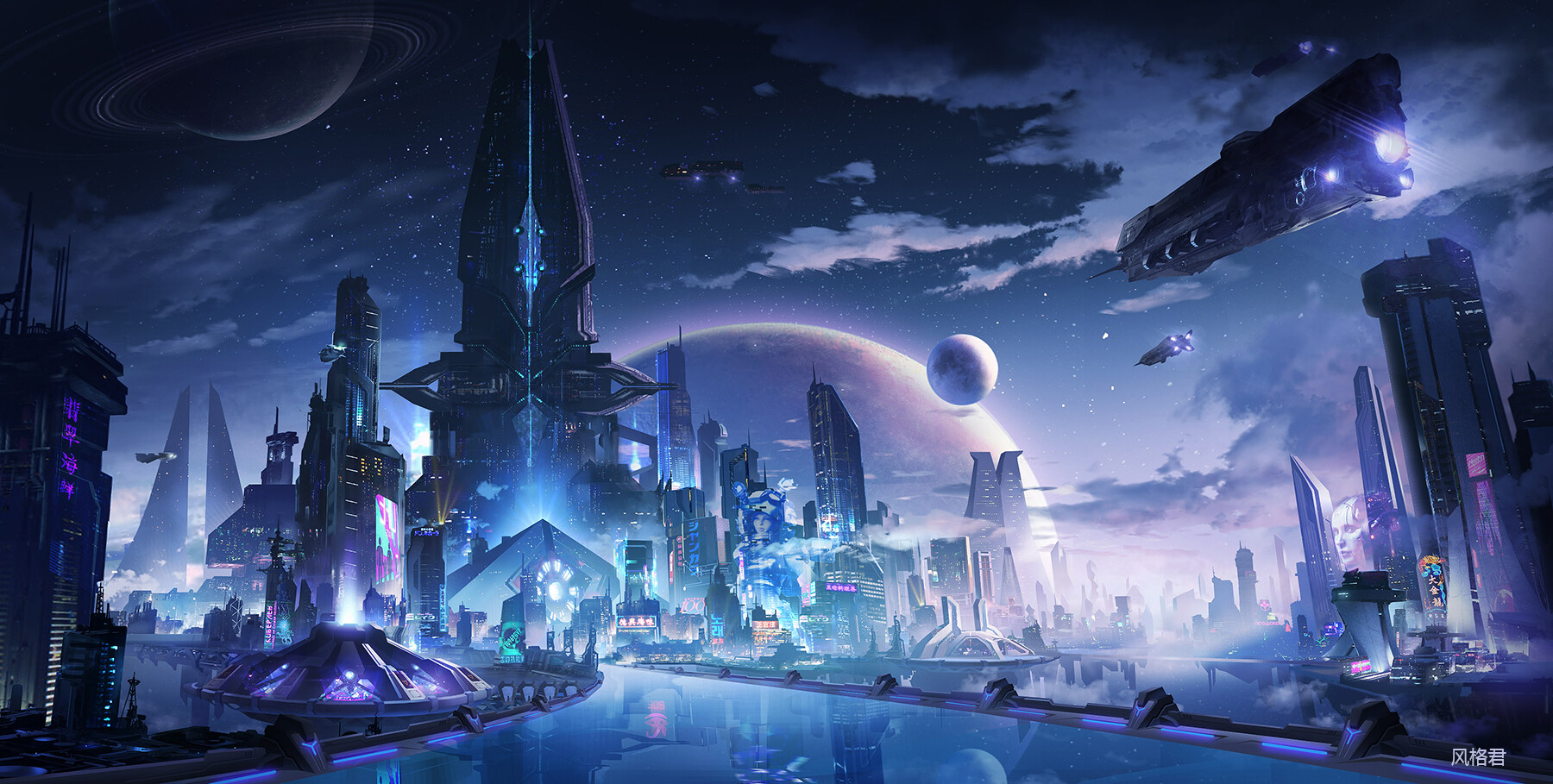 General 1800x909 Jun Zhang fantasy art digital art landscape fantasy city science fiction spaceship futuristic city