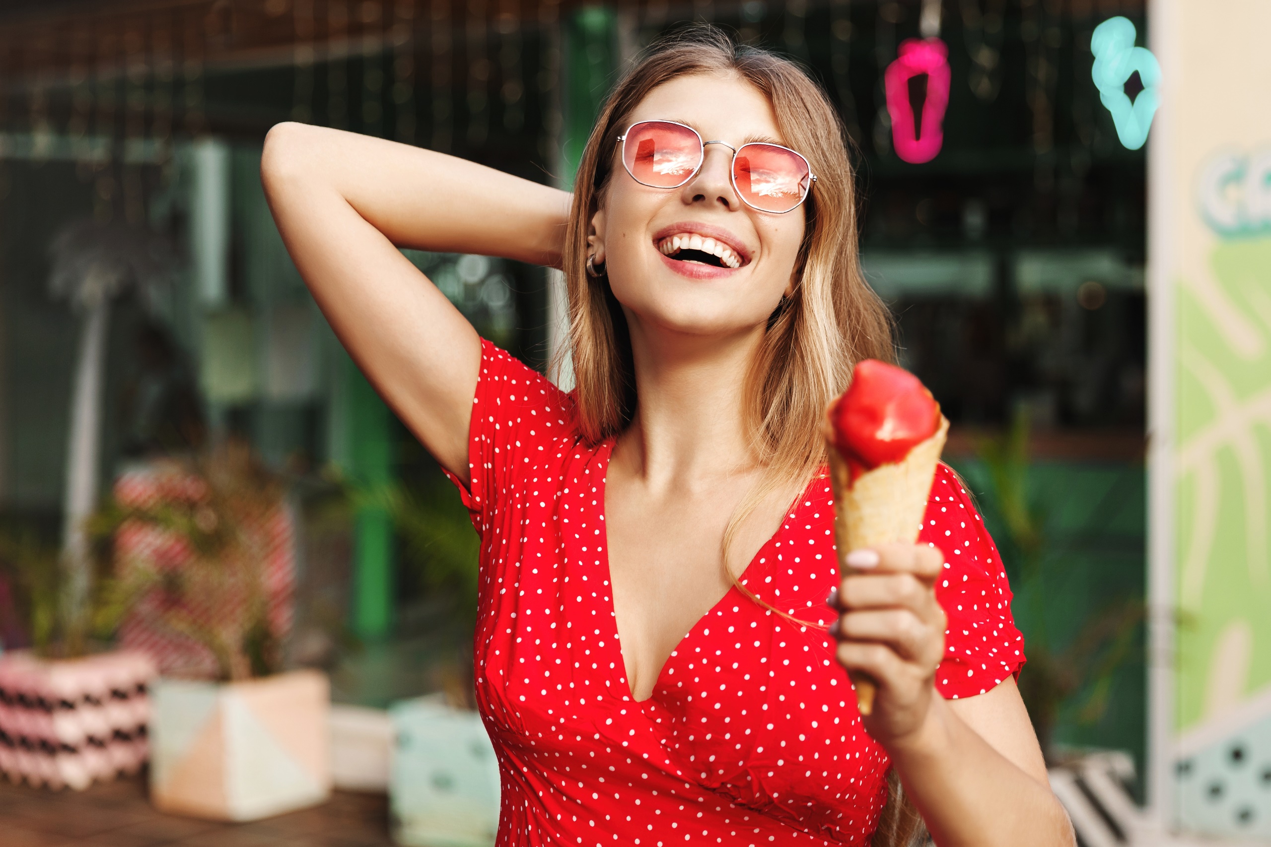 People 2560x1707 women model women with shades ice cream food sweets happy dress red dress arms up sunglasses open mouth polka dots brunette smiling