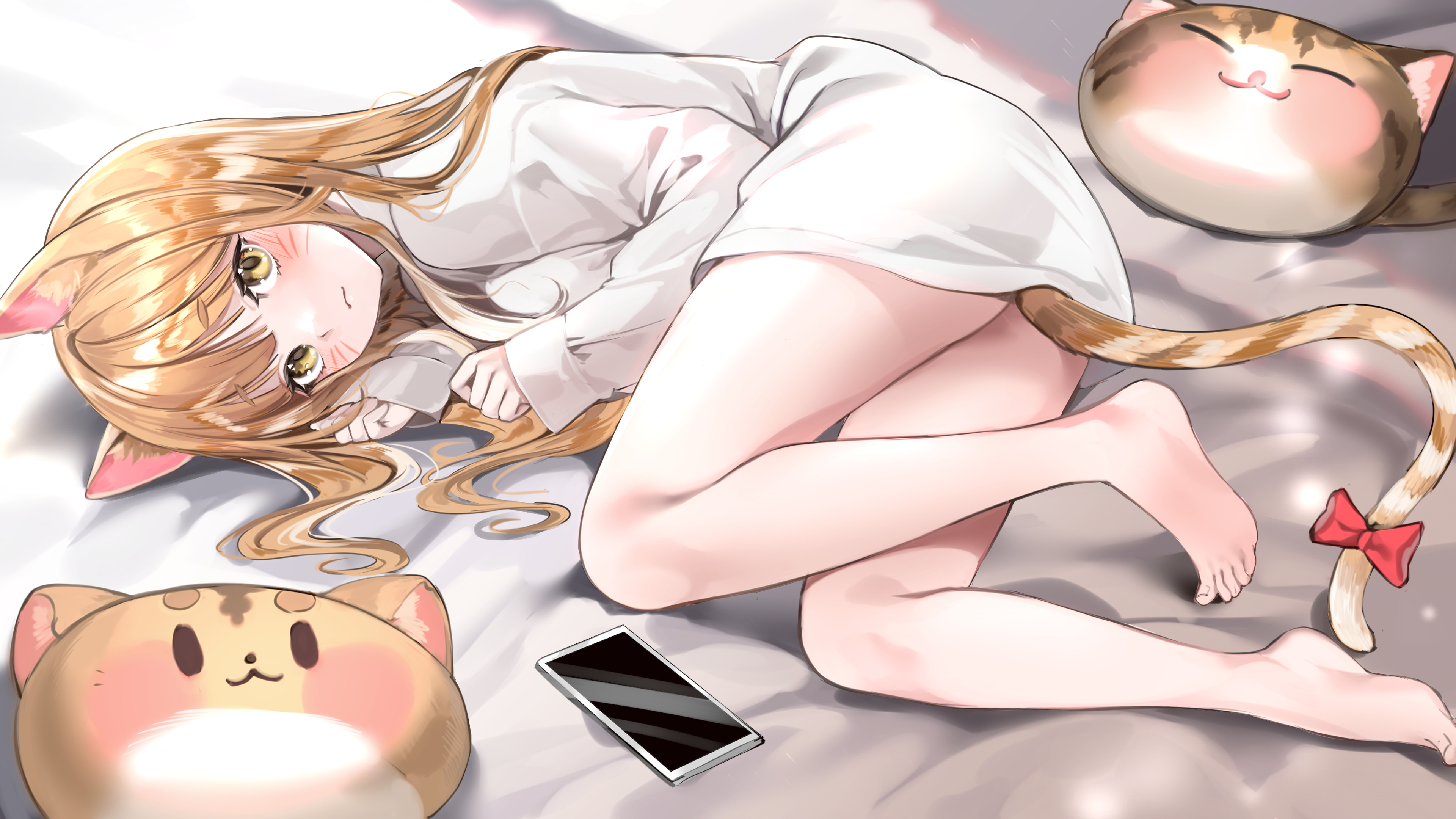 Anime 3840x2160 anime girls legs feet blonde yellow eyes animal ears tail cat girl barefoot lillly looking at viewer lying down lying on side white shirt artwork closed mouth blushing phone cat tail cat ears long hair long sleeves
