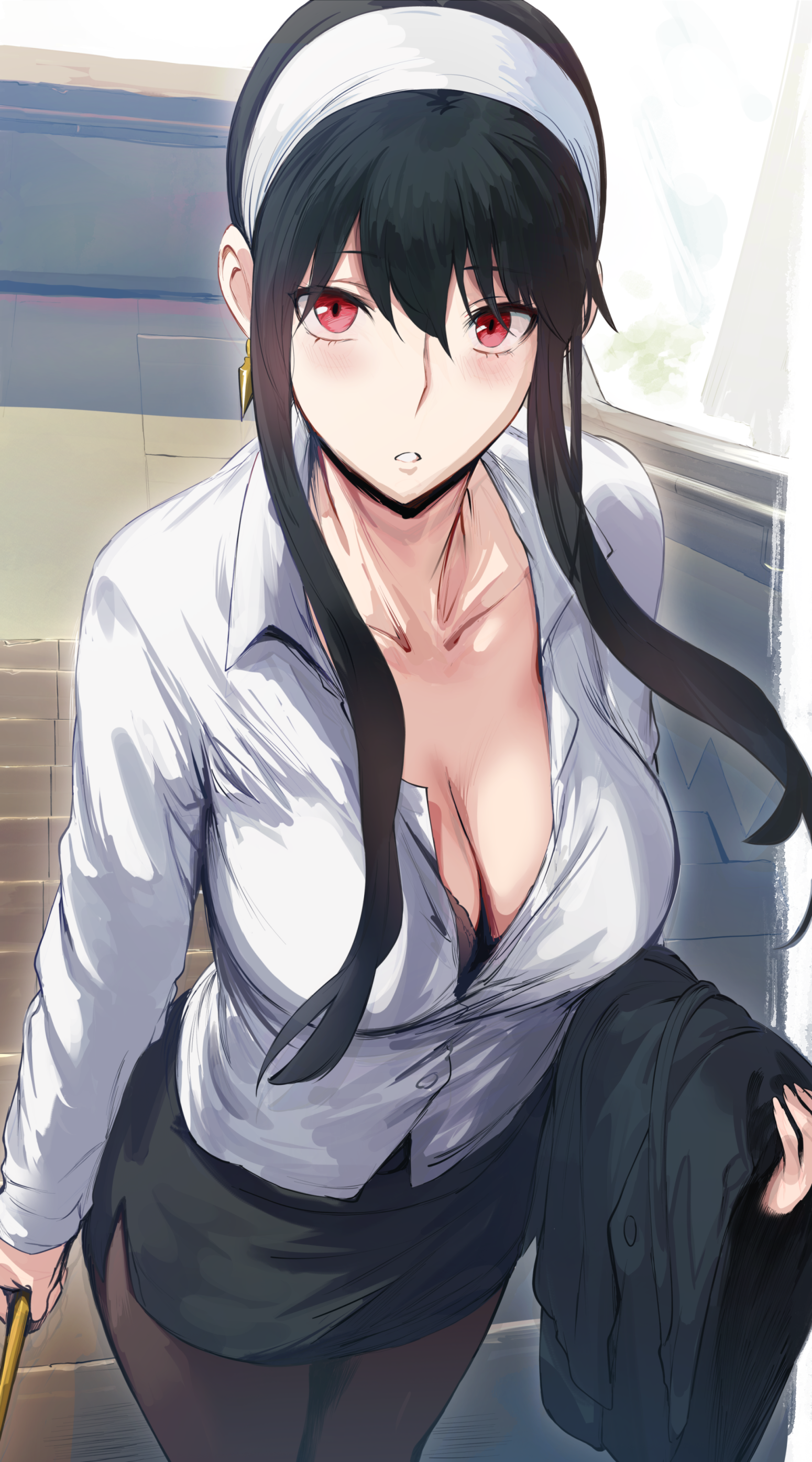Anime 1550x2791 anime anime girls Yor Forger Spy x Family cleavage red eyes black hair boobs big boobs curvy skirt black skirts women looking at viewer earring face open clothes blouses Hews artwork
