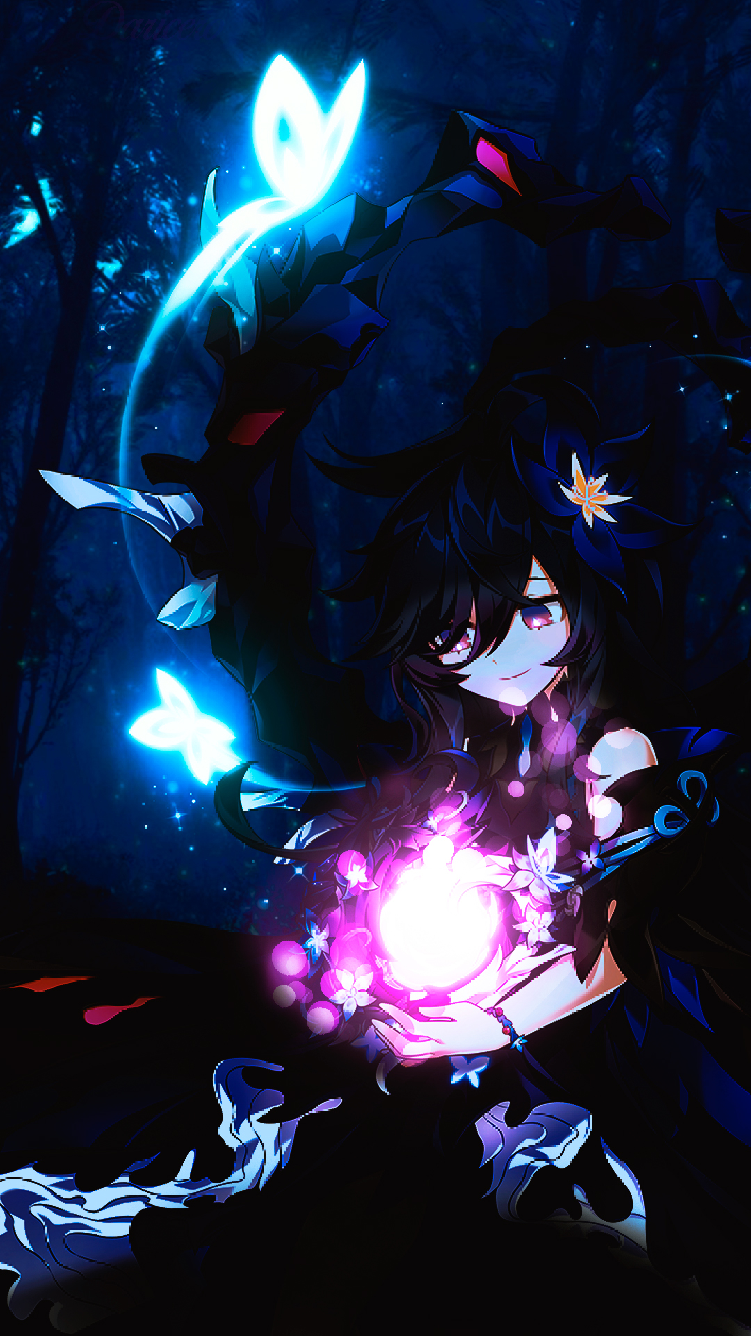 Anime 1080x1920 Elsword Laby (Elsword) night forest butterfly anime girls blue eyes glowing portrait display