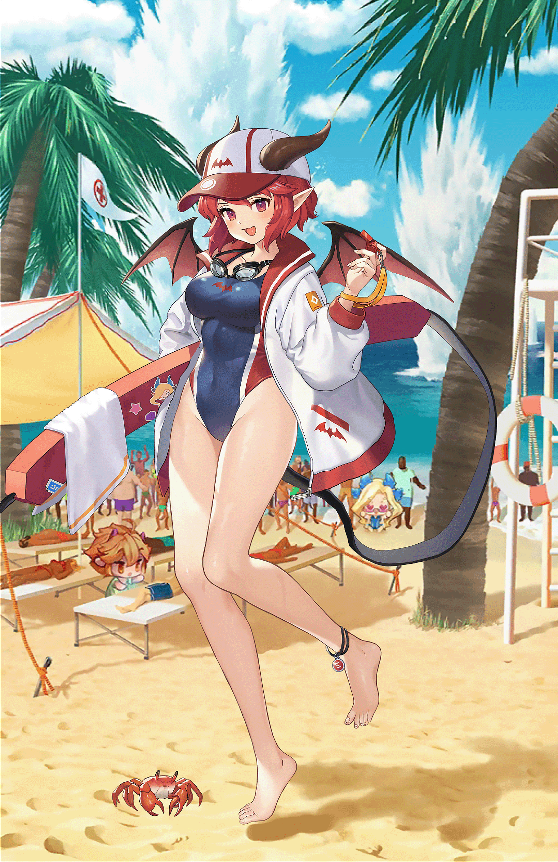 Anime 1799x2778 Guardian Tales Yuze (Guardian Tales) succubus wings bat wings horns red eyes redhead pointy ears beach Lifeguard swimwear hat crabs one-piece swimsuit palm trees