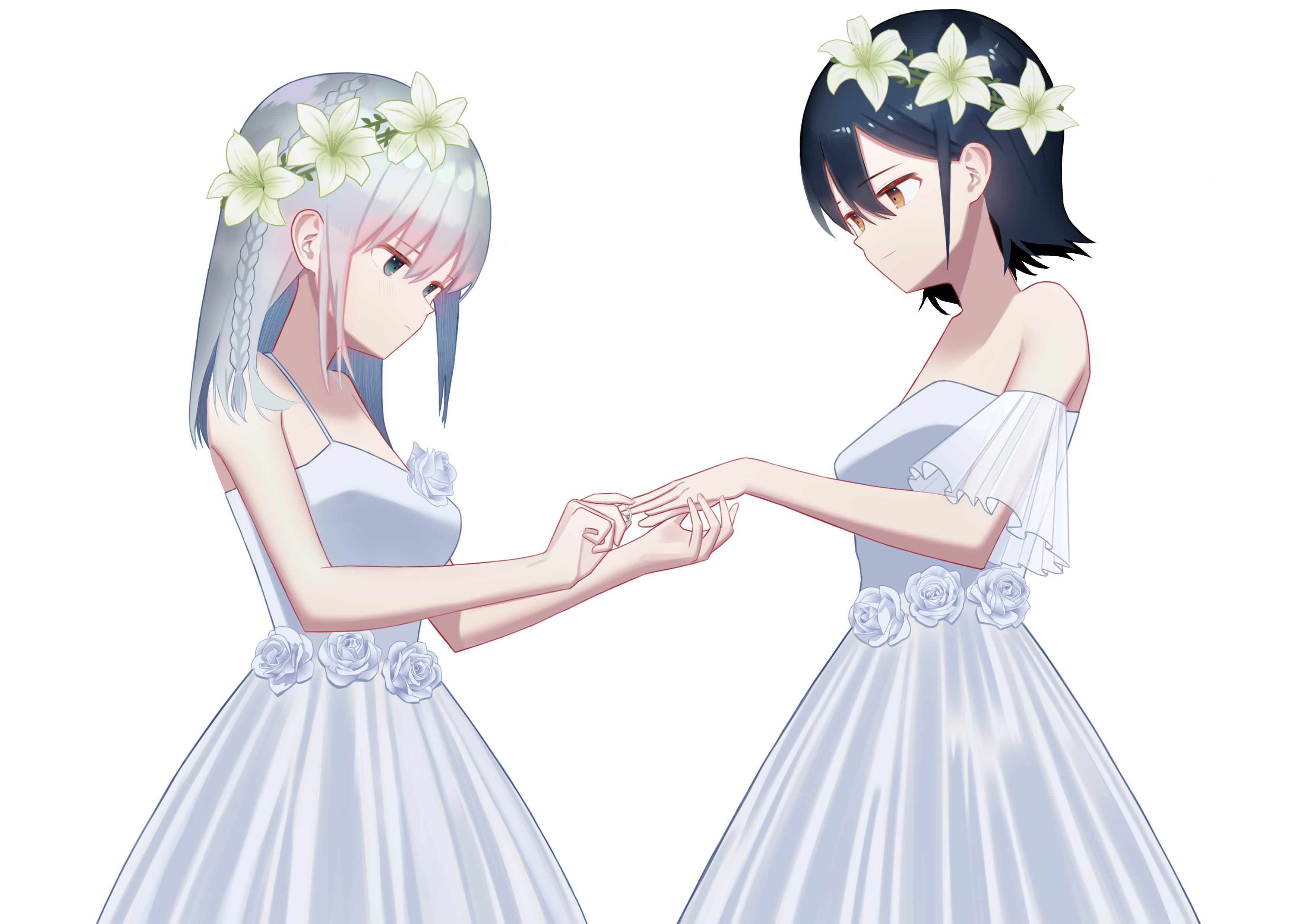 Anime 3508x2480 anime anime girls original characters wedding dress weddings two women yuri artwork digital art fan art white background simple background