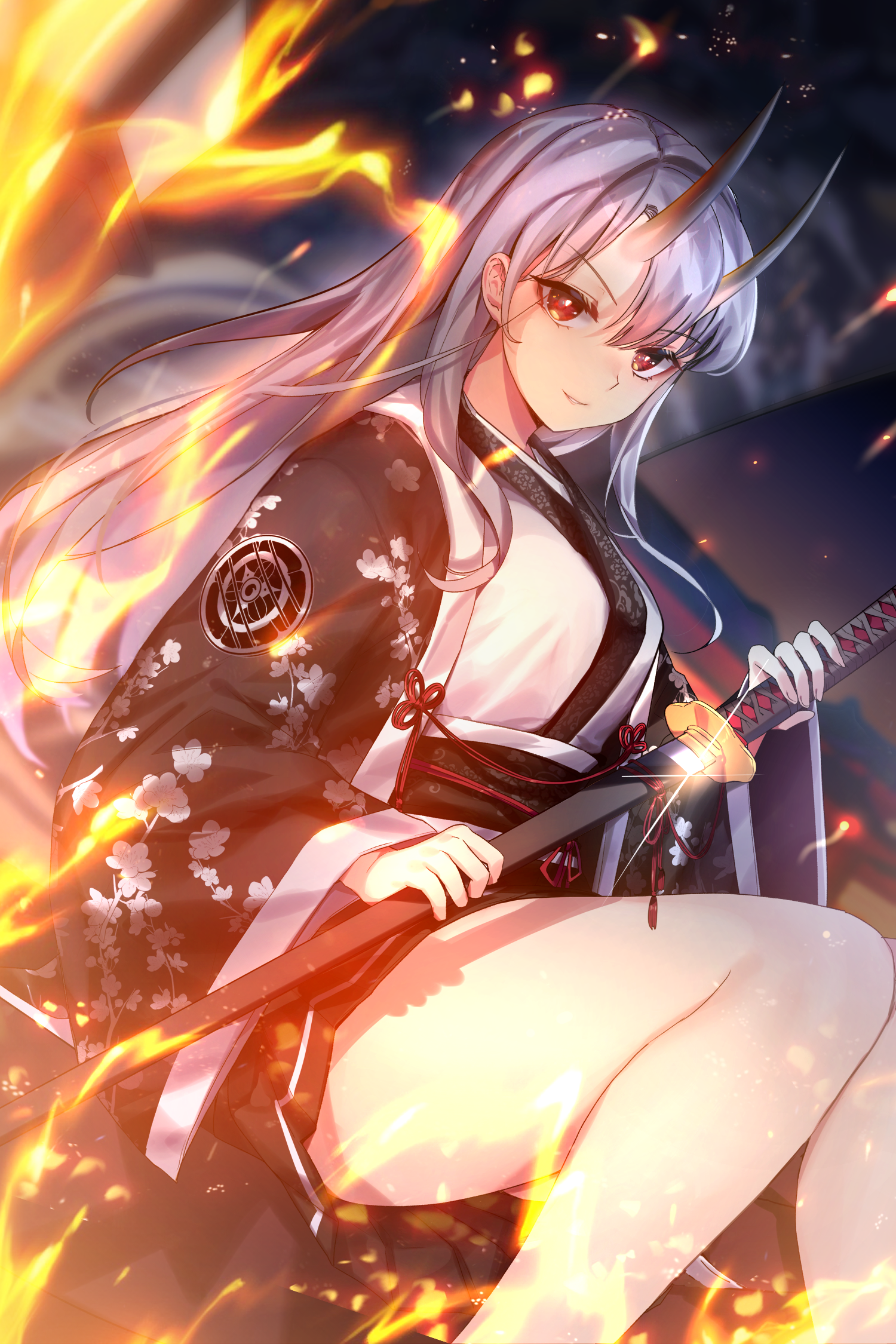 Anime 1500x2250 anime girls anime horns sword weapon thighs fantasy art fantasy girl red eyes fire burning girls with guns women with swords thighs together katana