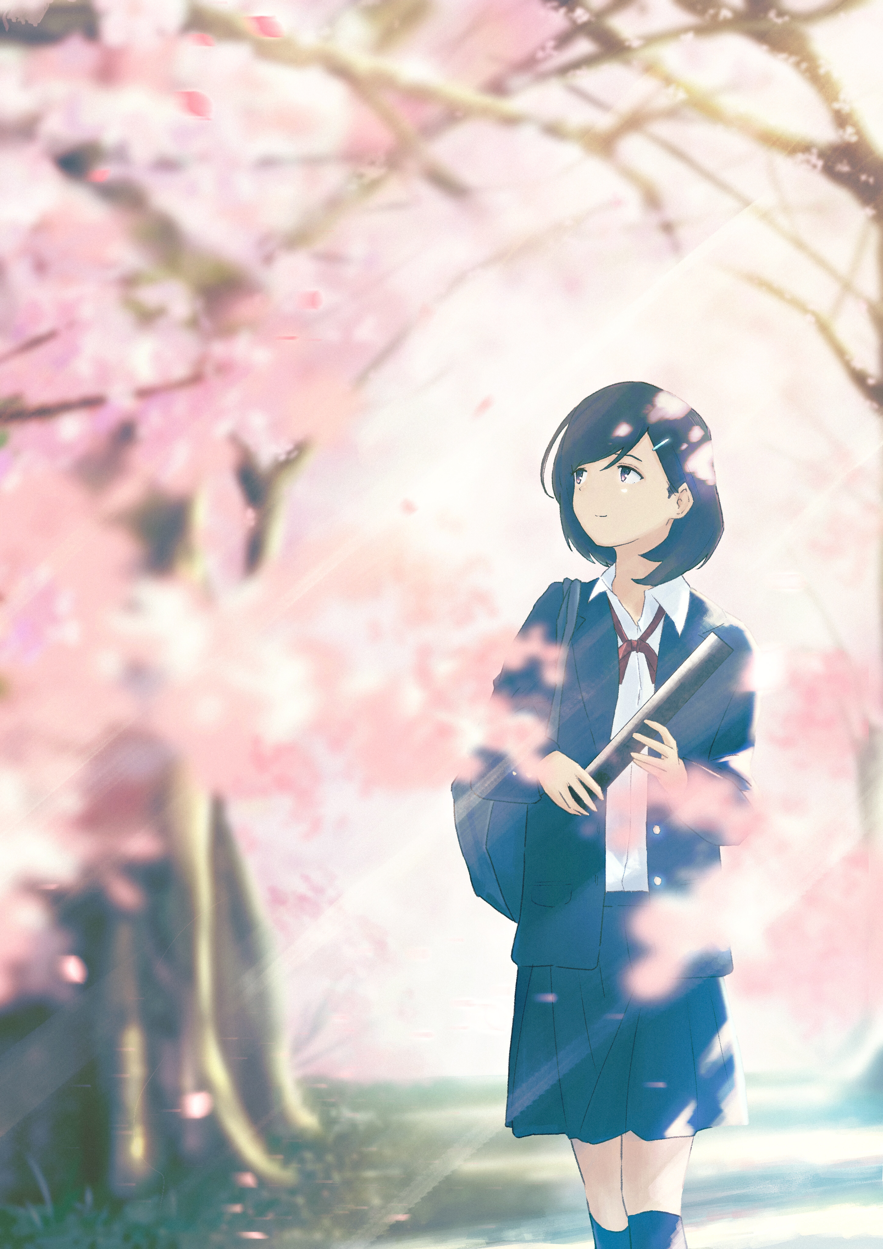 Anime 2894x4093 Oka Kojiro illustration anime girls cherry blossom looking up school uniform short hair black hair