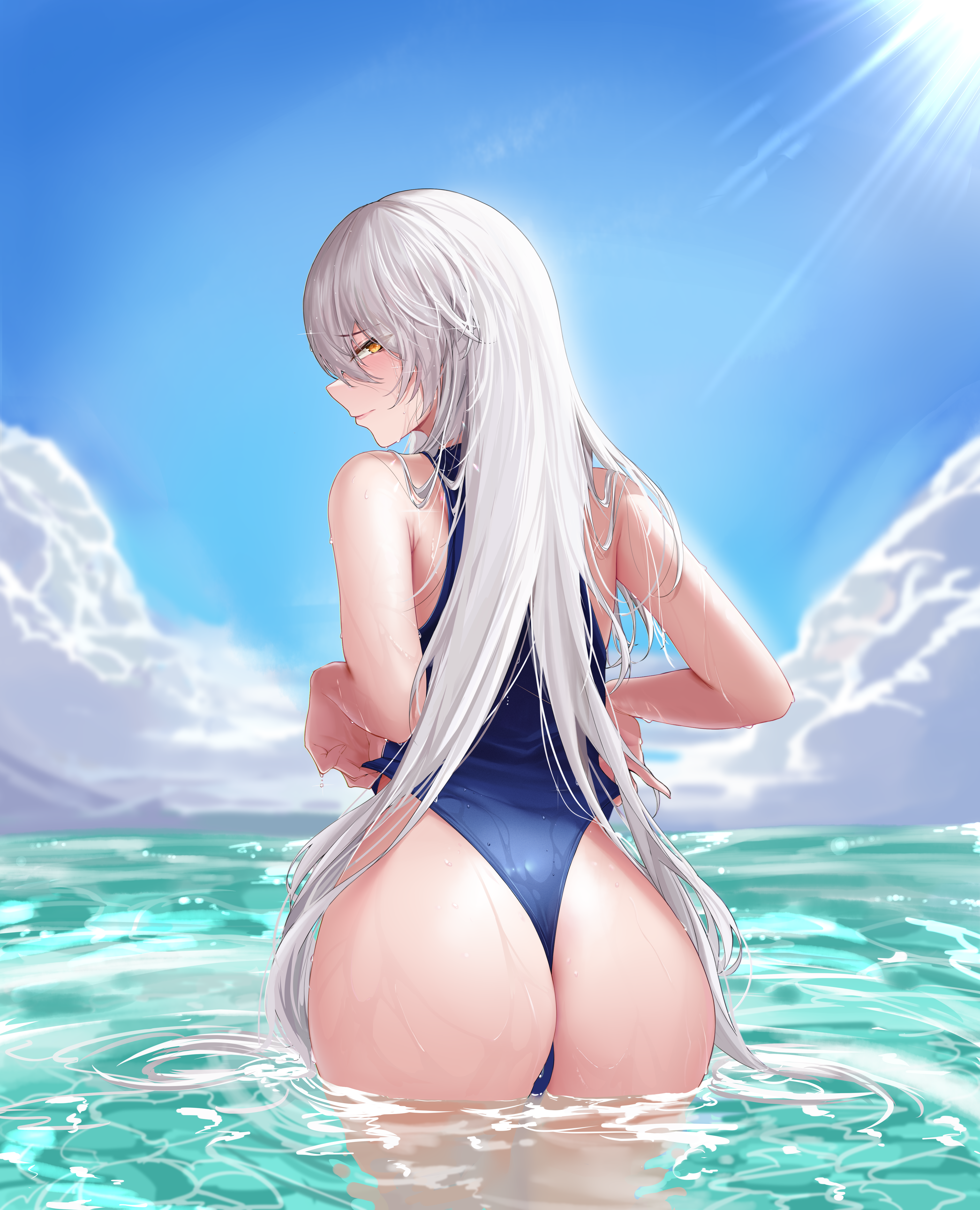 Anime 4050x5000 anime anime girls ass swimwear white hair in water water wet body Kiana Kaslana Honkai Impact Honkai Impact 3rd artwork Hs (artist) one-piece swimsuit