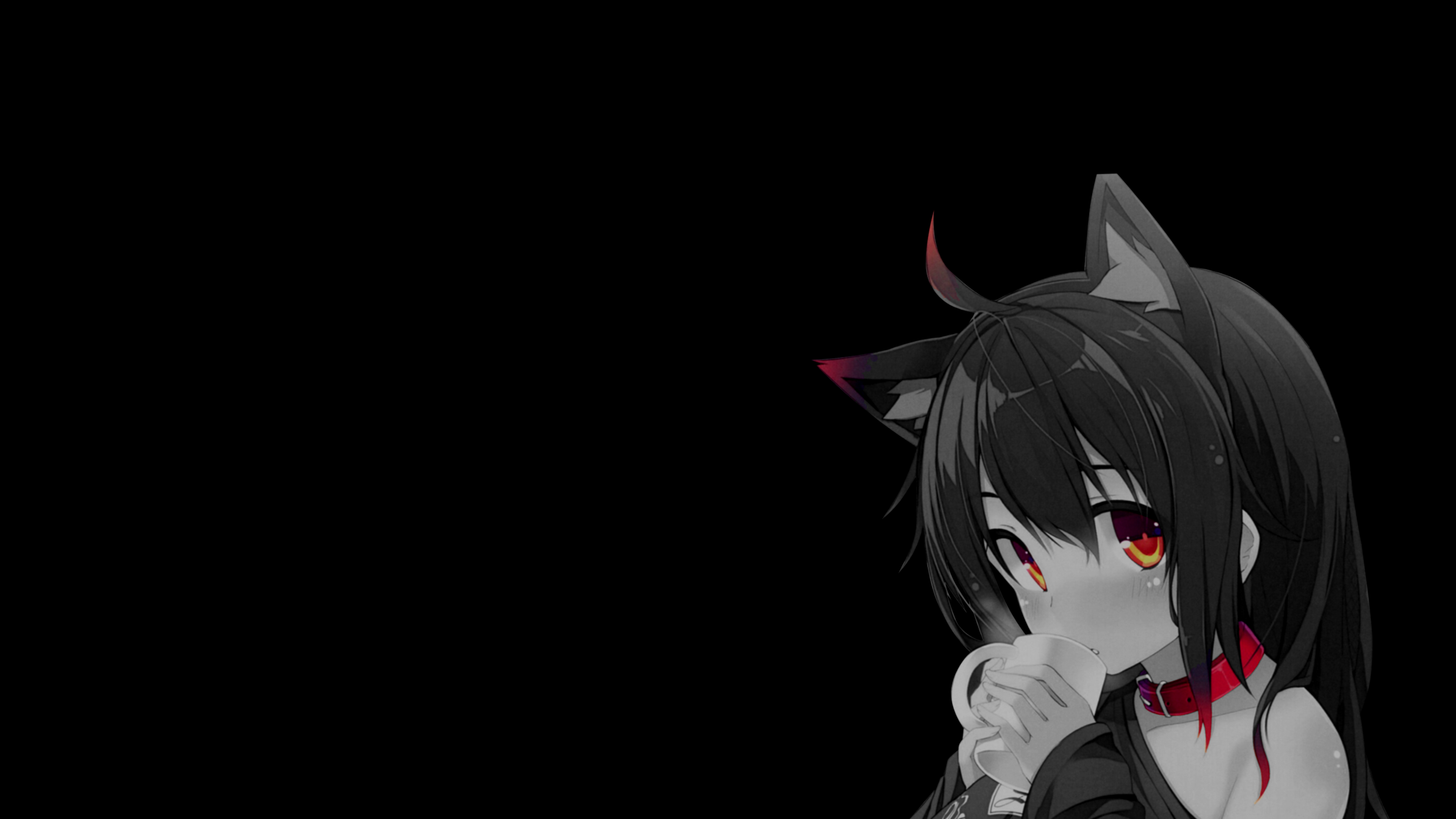 Anime 3840x2160 selective coloring black background dark background simple background anime girls cat girl cat ears collar drinking