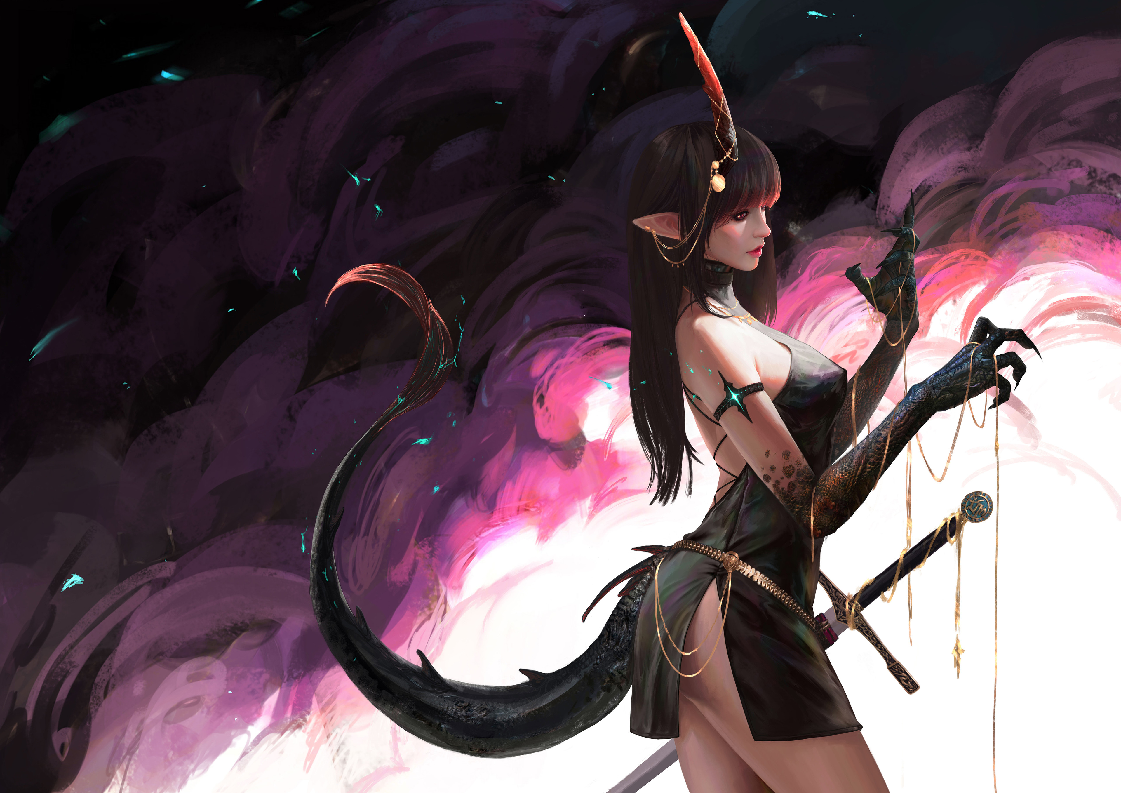 General 3840x2716 women artwork fantasy art fantasy girl pointy ears tail creature claws thighs brunette long hair women with swords sword girls with guns