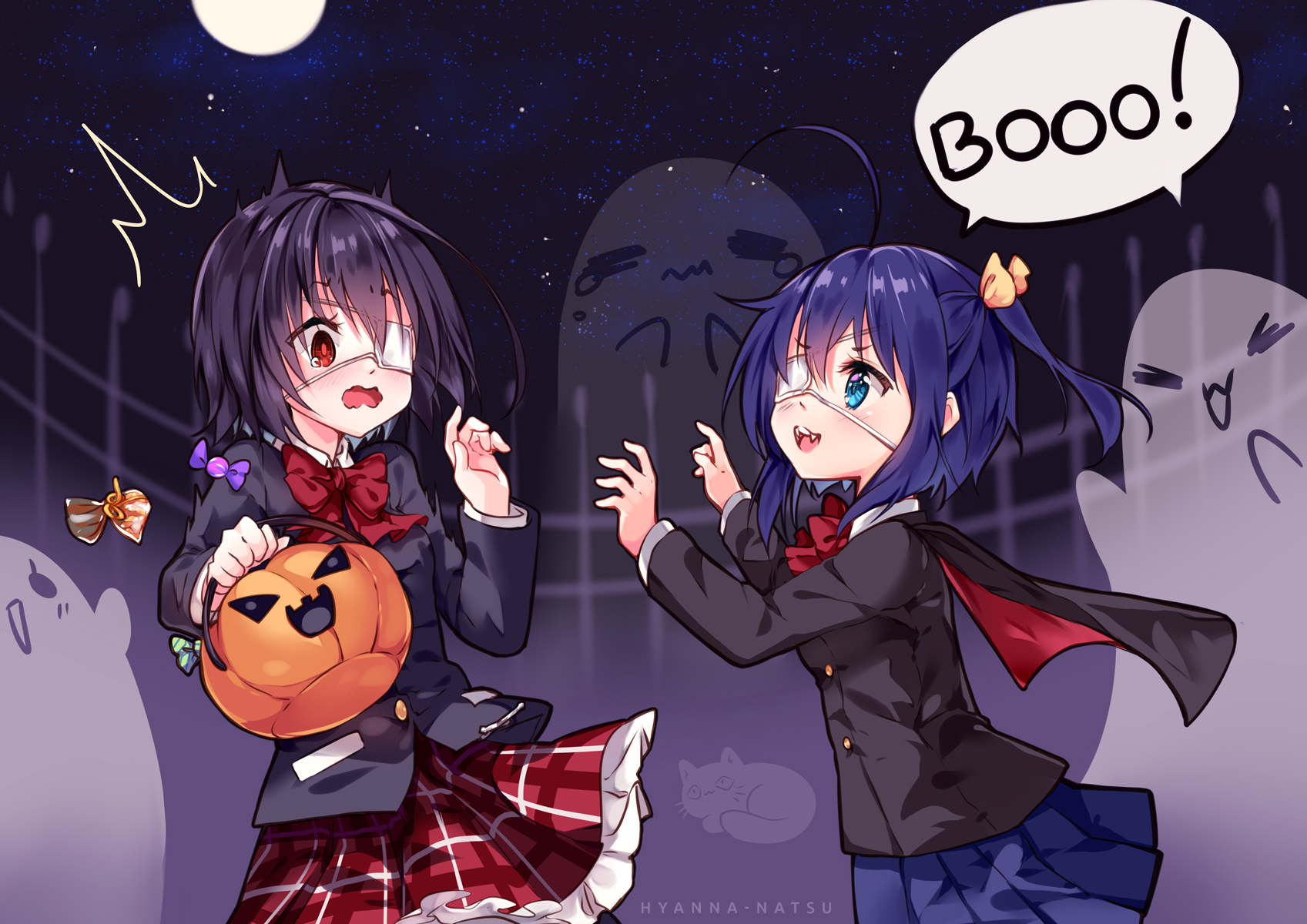 Anime 1697x1200 Another Chunibyo demo Koi ga Shitai! Misaki Mei Takanashi Rikka ghost kittens candy Halloween