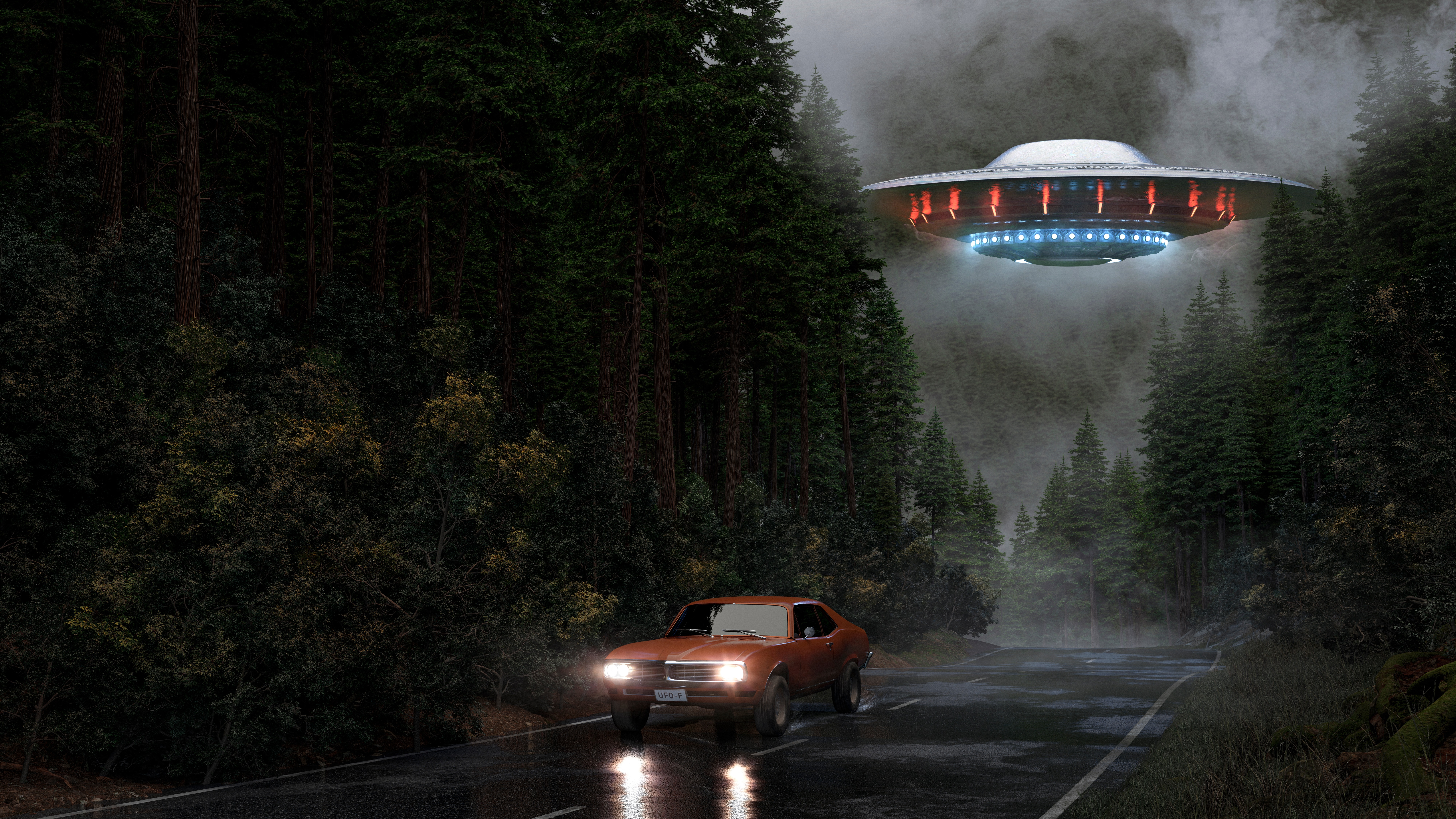 General 8000x4500 road spaceship car forest flying mist rain artwork futuristic science fiction lights vehicle UFO digital art