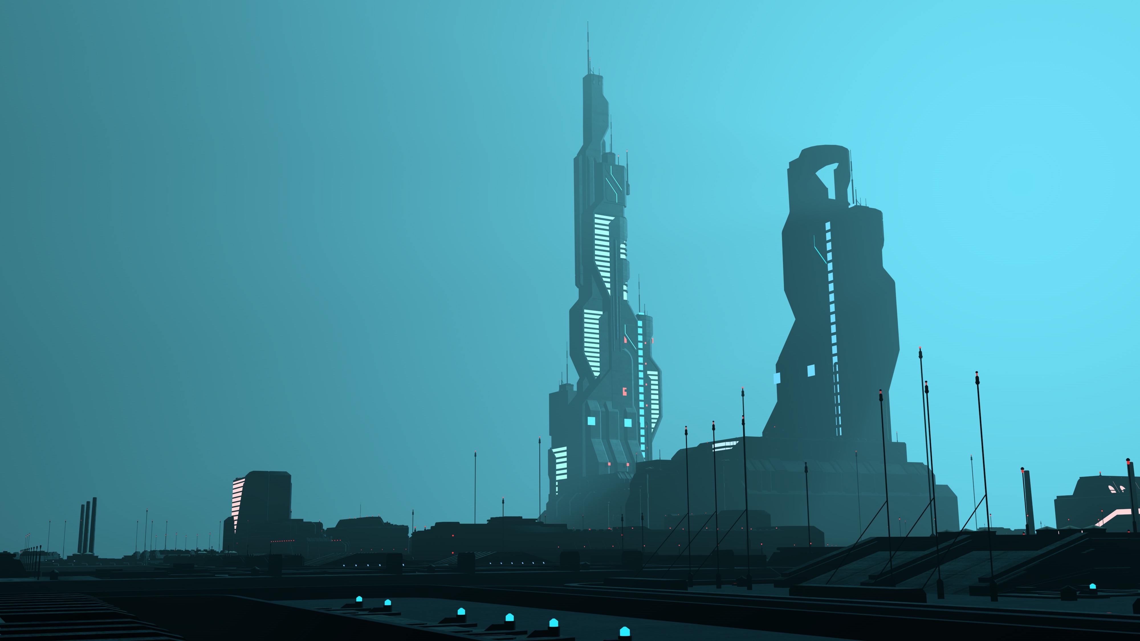 General 4000x2250 city landscape futuristic building artwork tower blue science fiction digital art