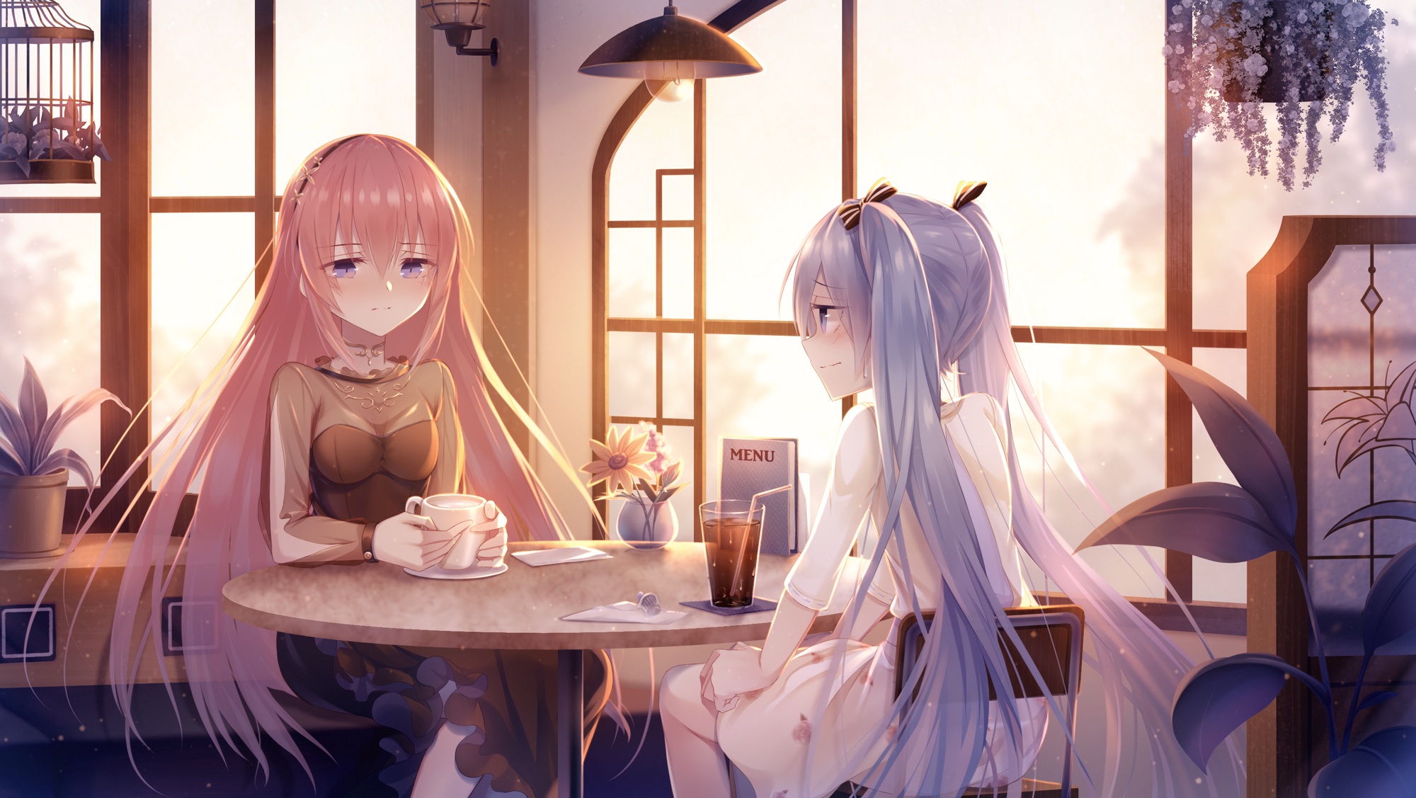 Anime 2000x1127 anime anime girls two women sitting table cup drinking glass long hair women indoors twintails pink hair blue hair dress cafe Hatsune Miku Megurine Luka Vocaloid