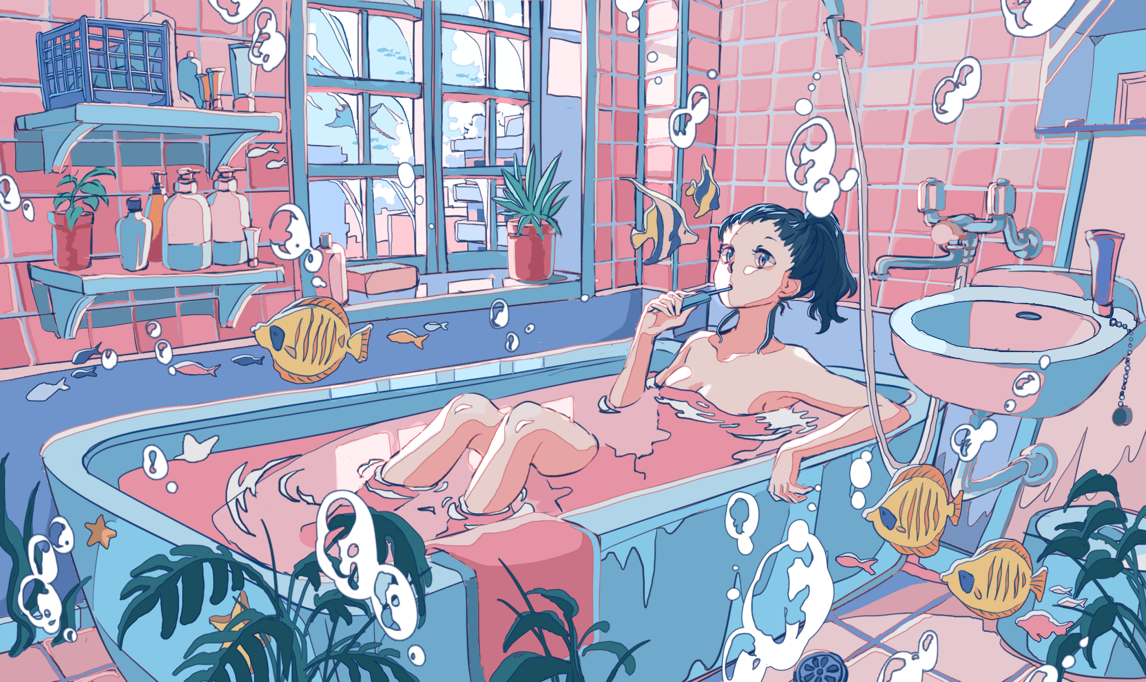 Anime 2332x1389 anime anime girls digital art artwork 2D portrait Ichigoame bathroom in bathtub nude