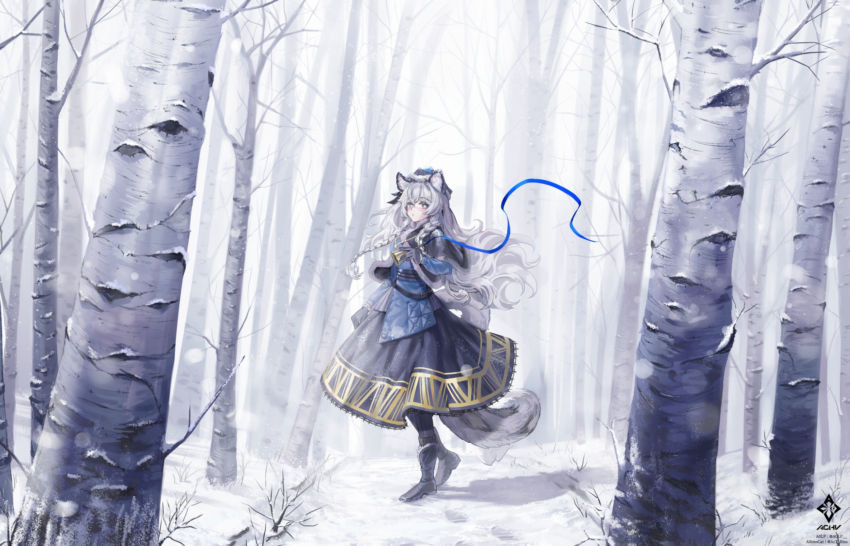 Anime 2730x1754 anime girls anime trees forest snow cat girl silver hair Pramanix (Arknights) Arknights AOLP