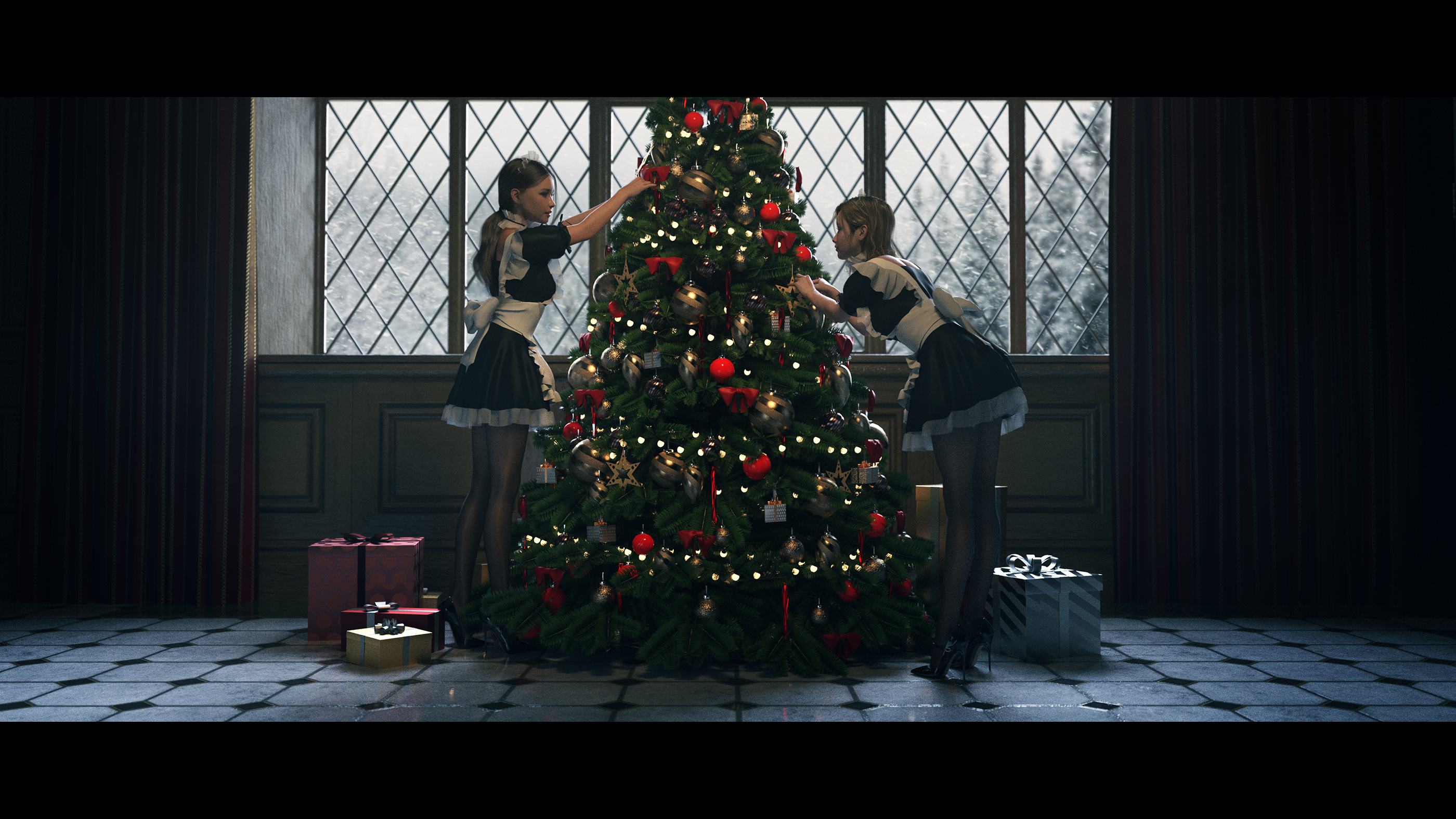 General 2800x1575 maid apron Christmas tree Lou LL women legs high heels digital art