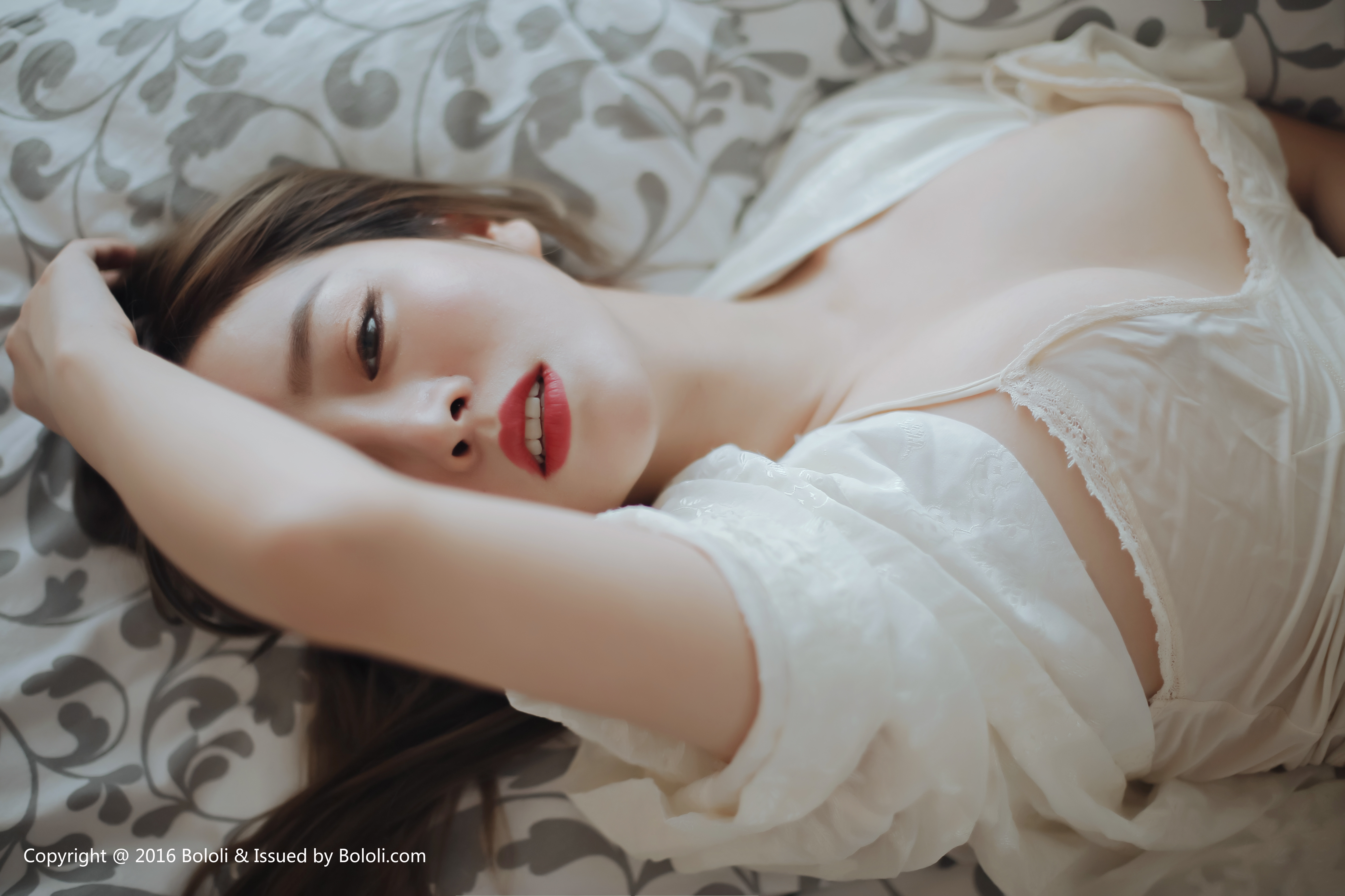 People 5760x3840 women Asian Chinese Chinese model looking at viewer arms up bra nightwear teeth watermarked 2016 (year) indoors women indoors Wang Yu Chun short hair white clothing model open mouth cleavage lying down lying on back red lipstick lipstick one eye obstructed bed long hair Bololi pale in bed floral