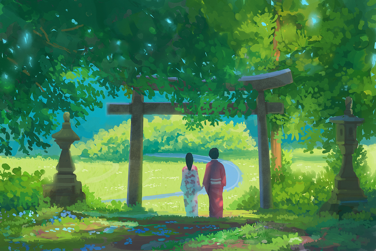 General 1280x855 digital art Gydw1n digital painting Japanese Art landscape torii trees