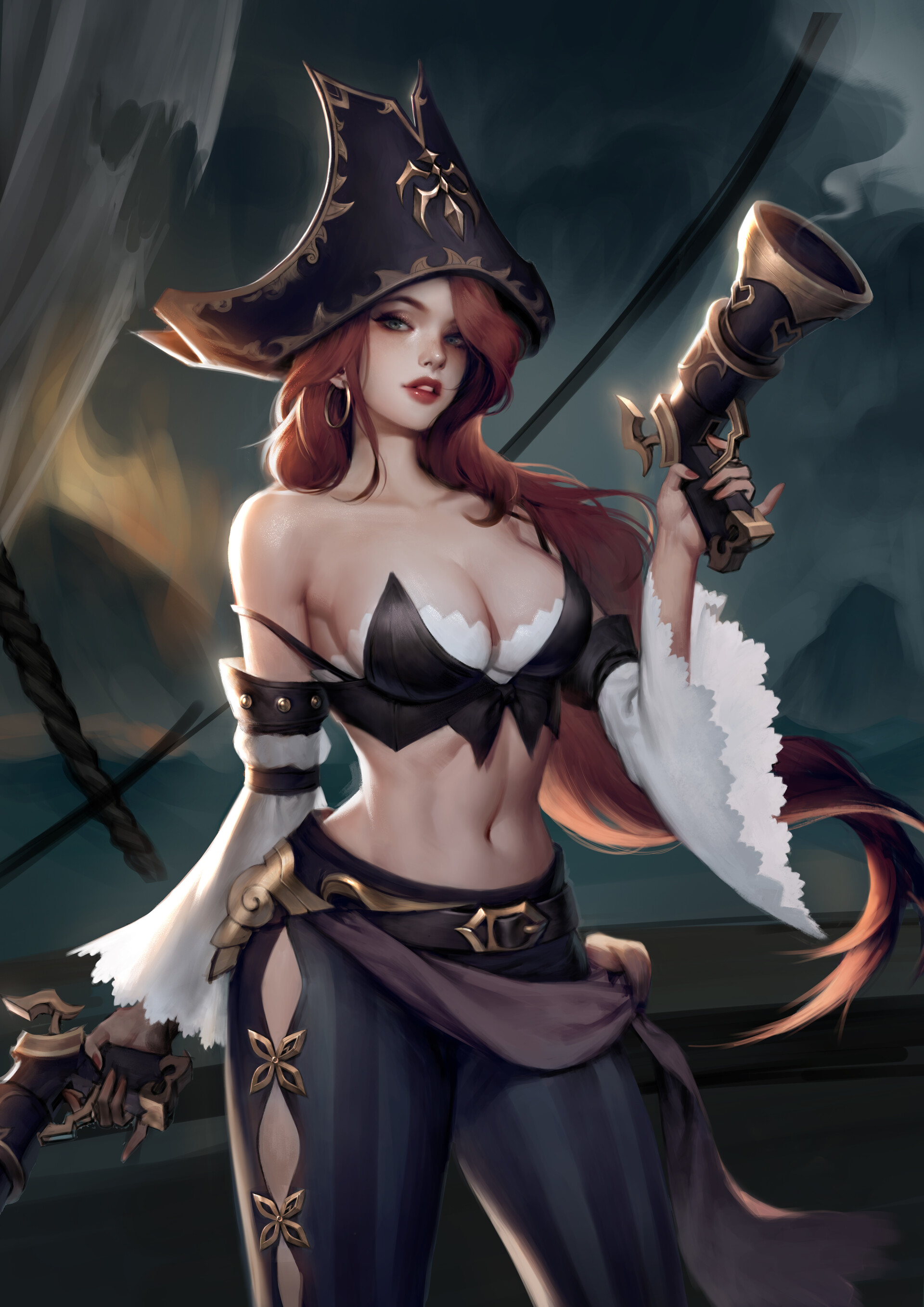 General 1920x2715 Ryeowon Kwon drawing League of Legends hat redhead weapon pistol Miss Fortune (League of Legends) pants bare shoulders pirates big boobs