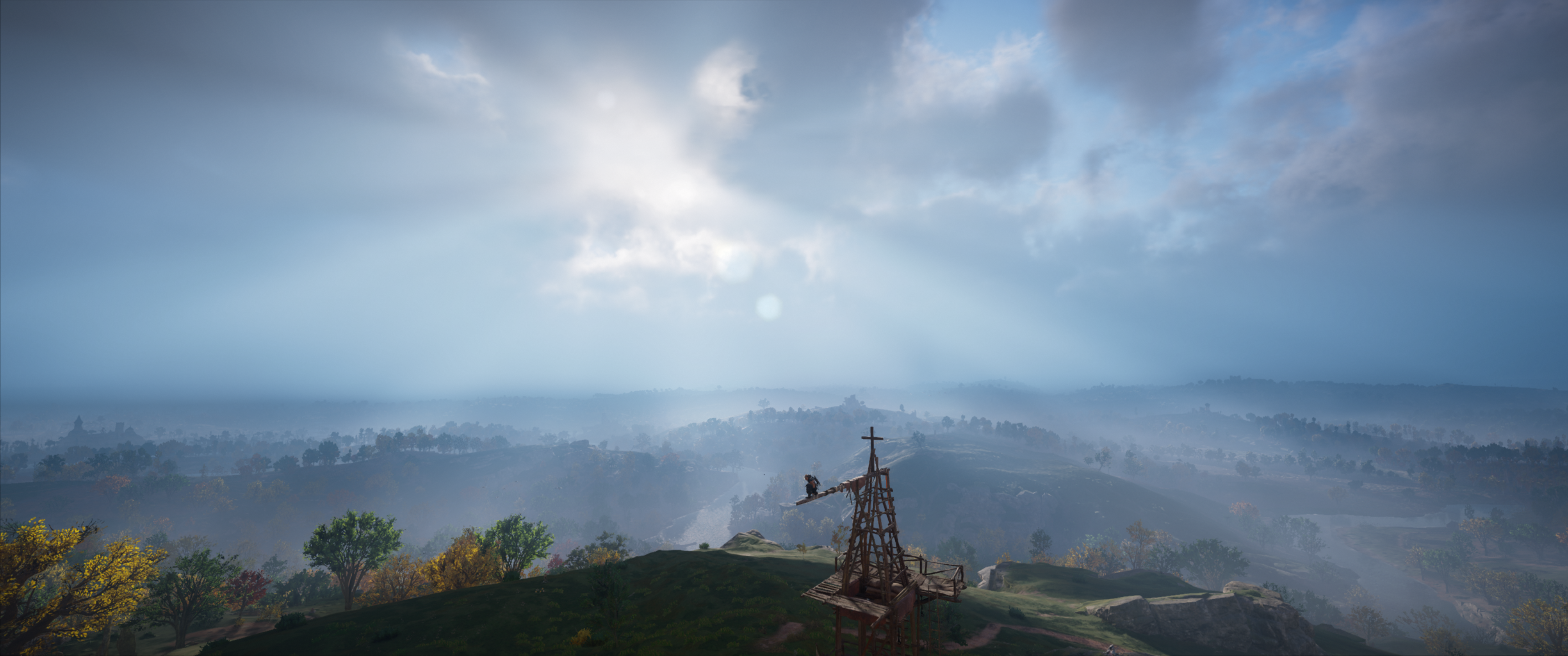 General 3440x1440 Assassin's Creed Assassin's Creed: Valhalla landscape clouds Sun structure blue trees green yellow