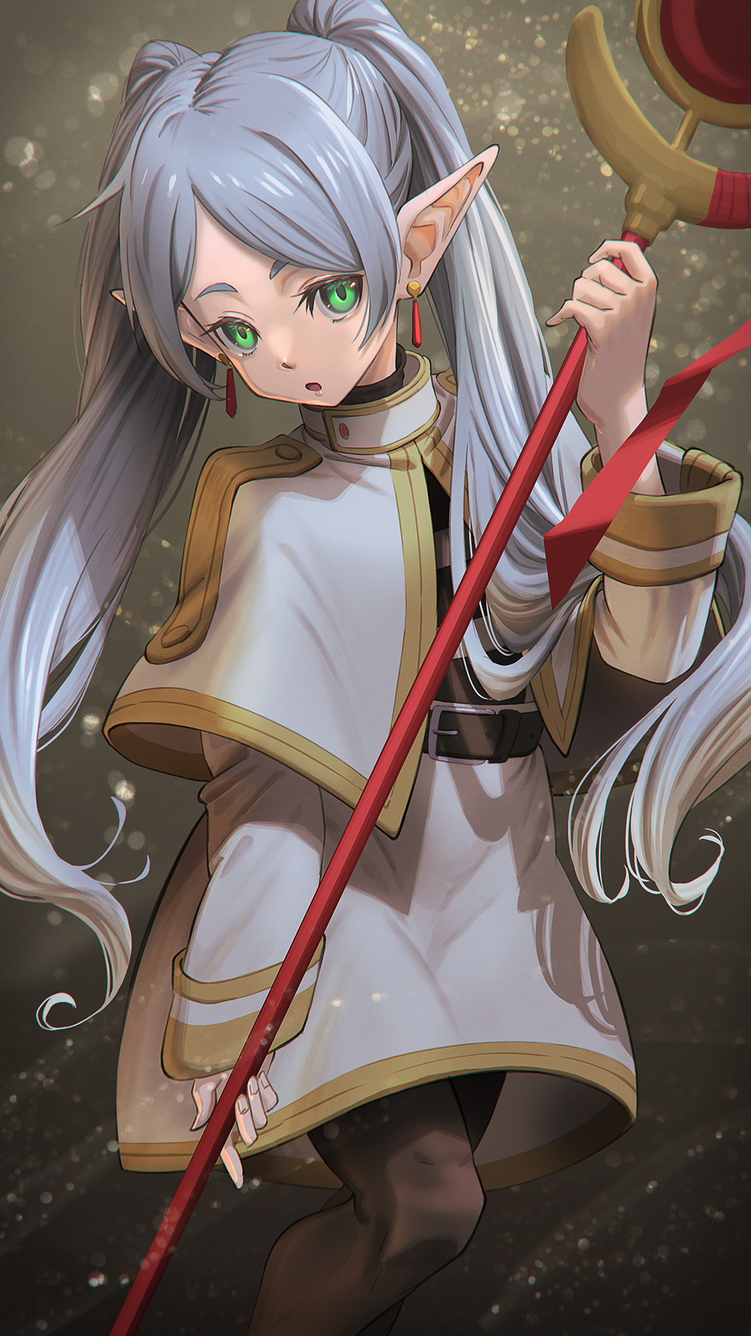 Anime 1064x1892 Sousou No Frieren pointy ears staff robes wizard gray hair twintails green eyes anime girls looking at viewer Frieren