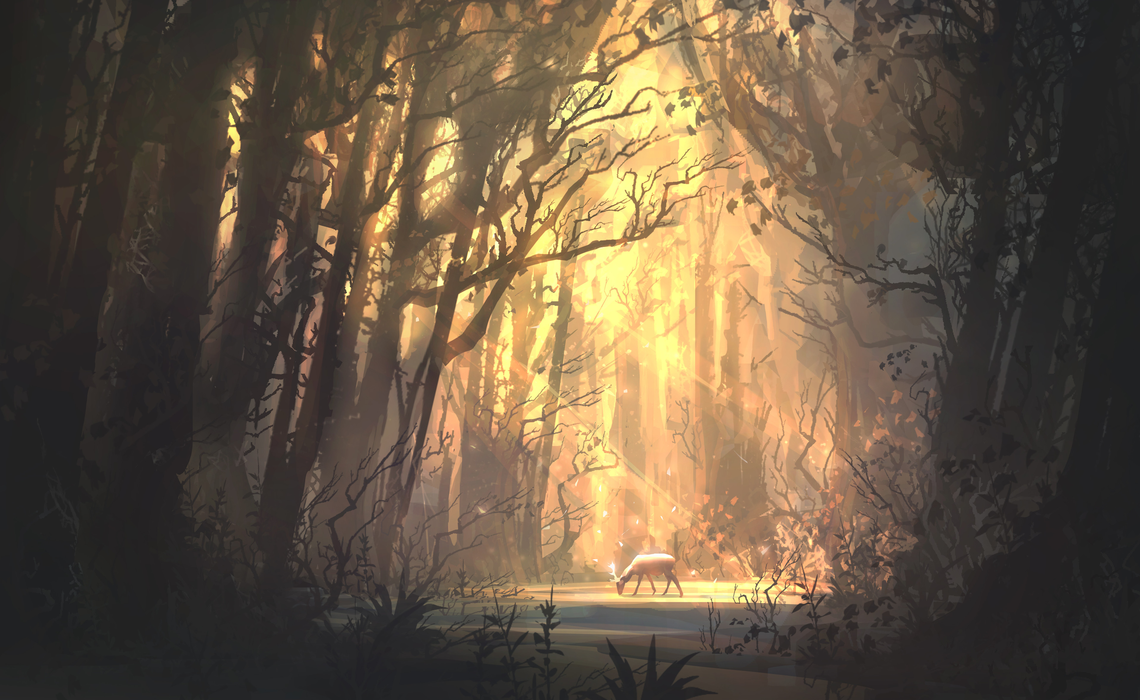 General 3840x2359 David Frasheski sun rays sunlight digital art deer trees forest landscape drawing artwork ArtStation