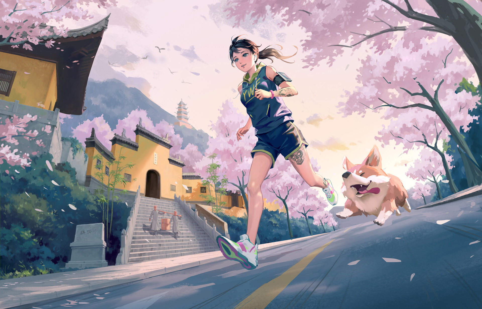 Anime 1920x1232 Wenfei Ye drawing anime girls brunette ponytail dog Corgi happy running jogging cherry blossom temple women stairs street Chinese architecture