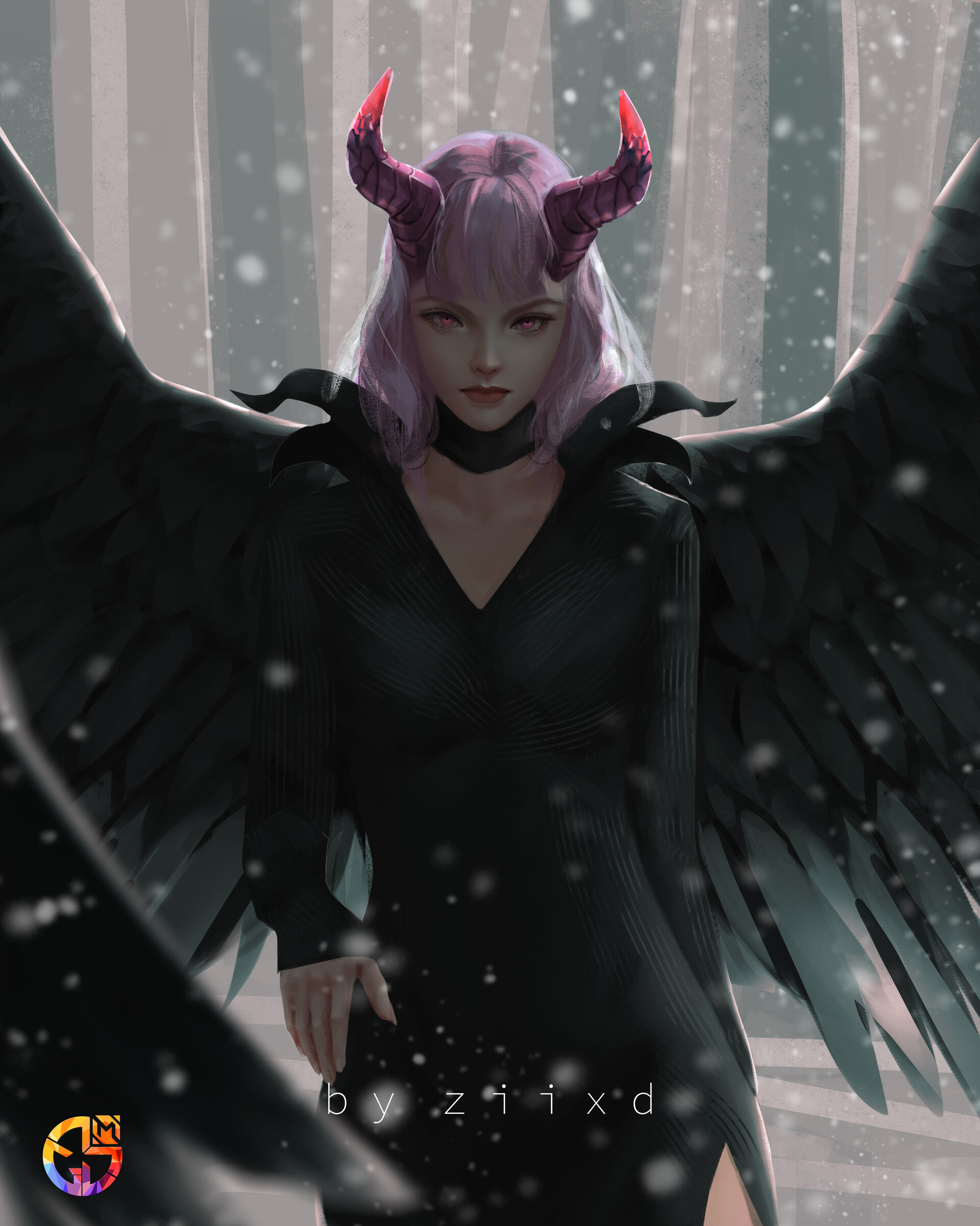 General 1920x2402 ziixd digital art digital painting artwork pink hair black clothing wings black wings women Maleficent