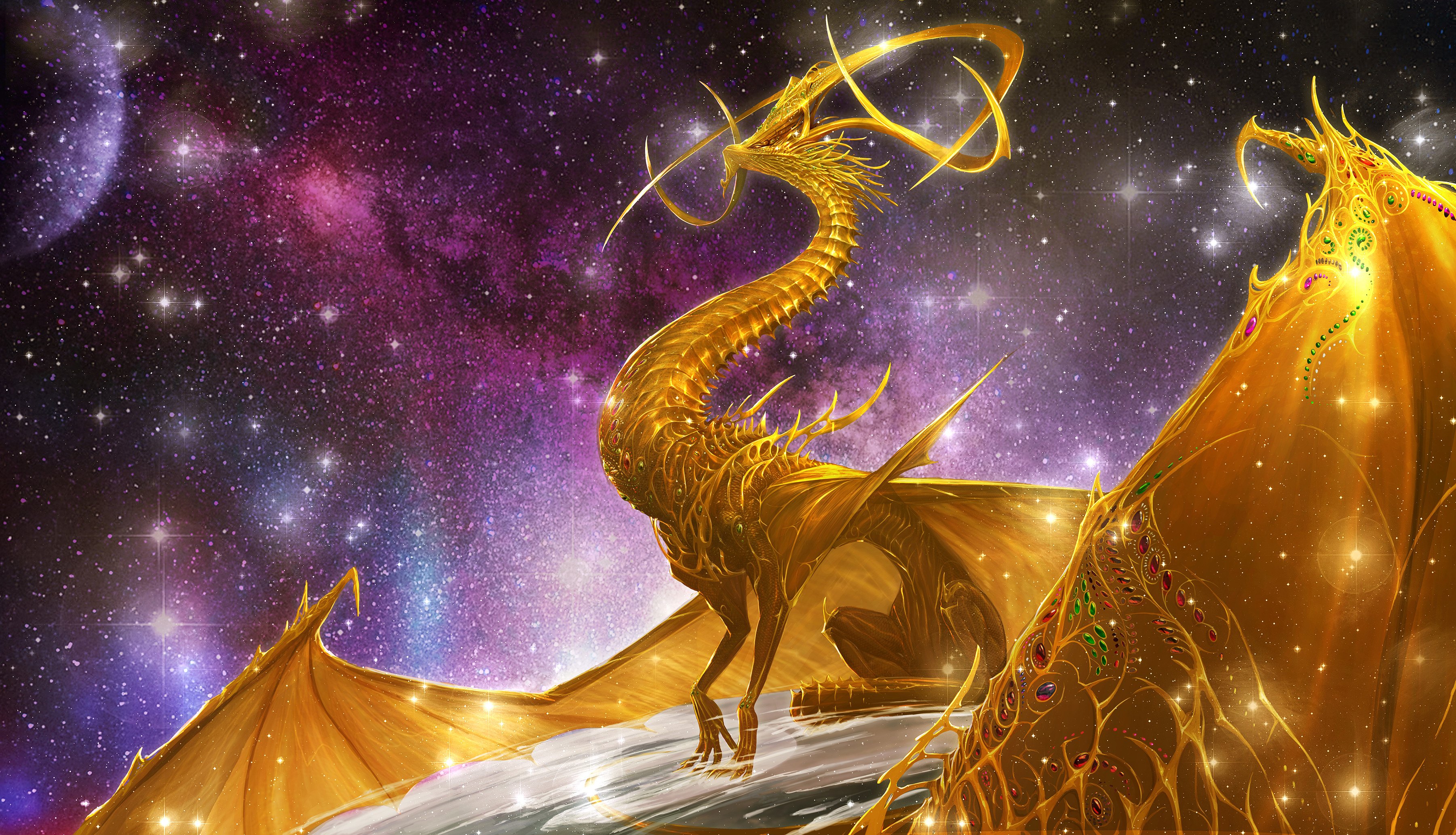 General 3602x2067 digital art fantasy art dragon godfrey escota gold space