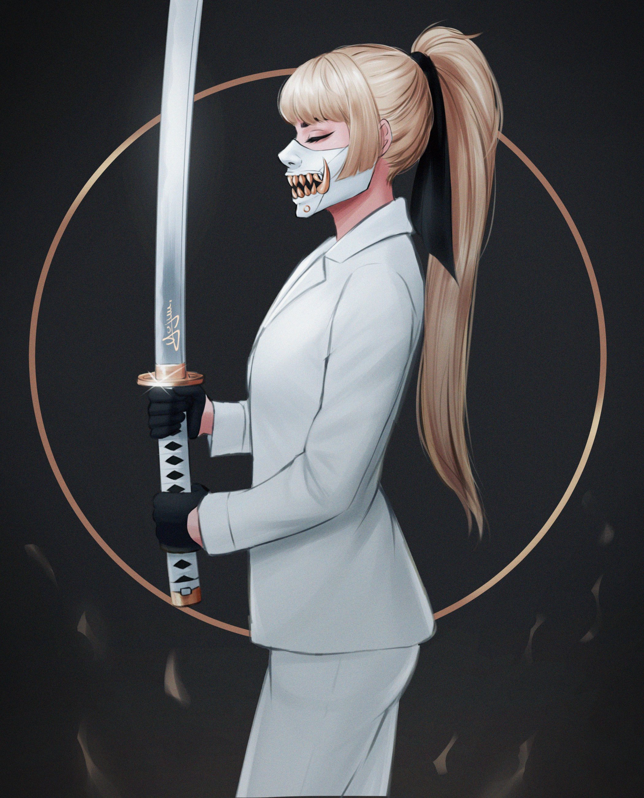 General 2100x2603 Yajuu sword long hair oni mask simple background ArtStation blonde ponytail suits