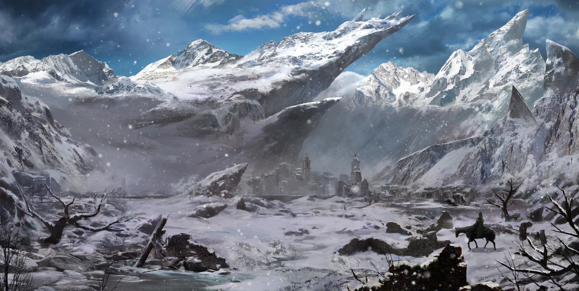 General 1920x967 SY-37 digital art fantasy art ruins snow snowy mountain mountains horse Abandoned city