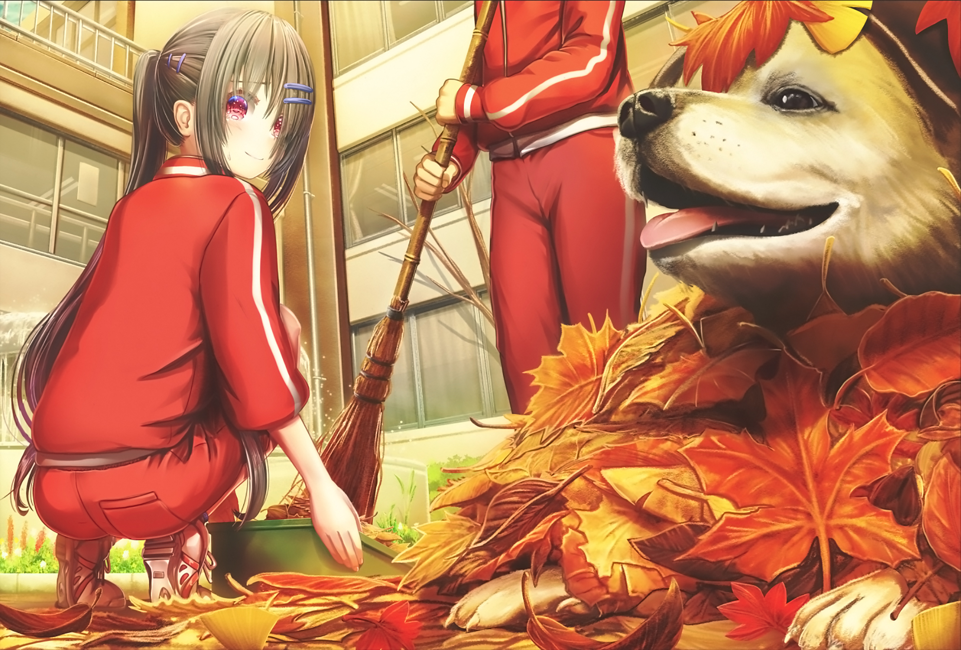 Anime 1920x1300 broom dog gym clothes red eyes hairpins schoolgirl ponytail anime girls fall maple leaves