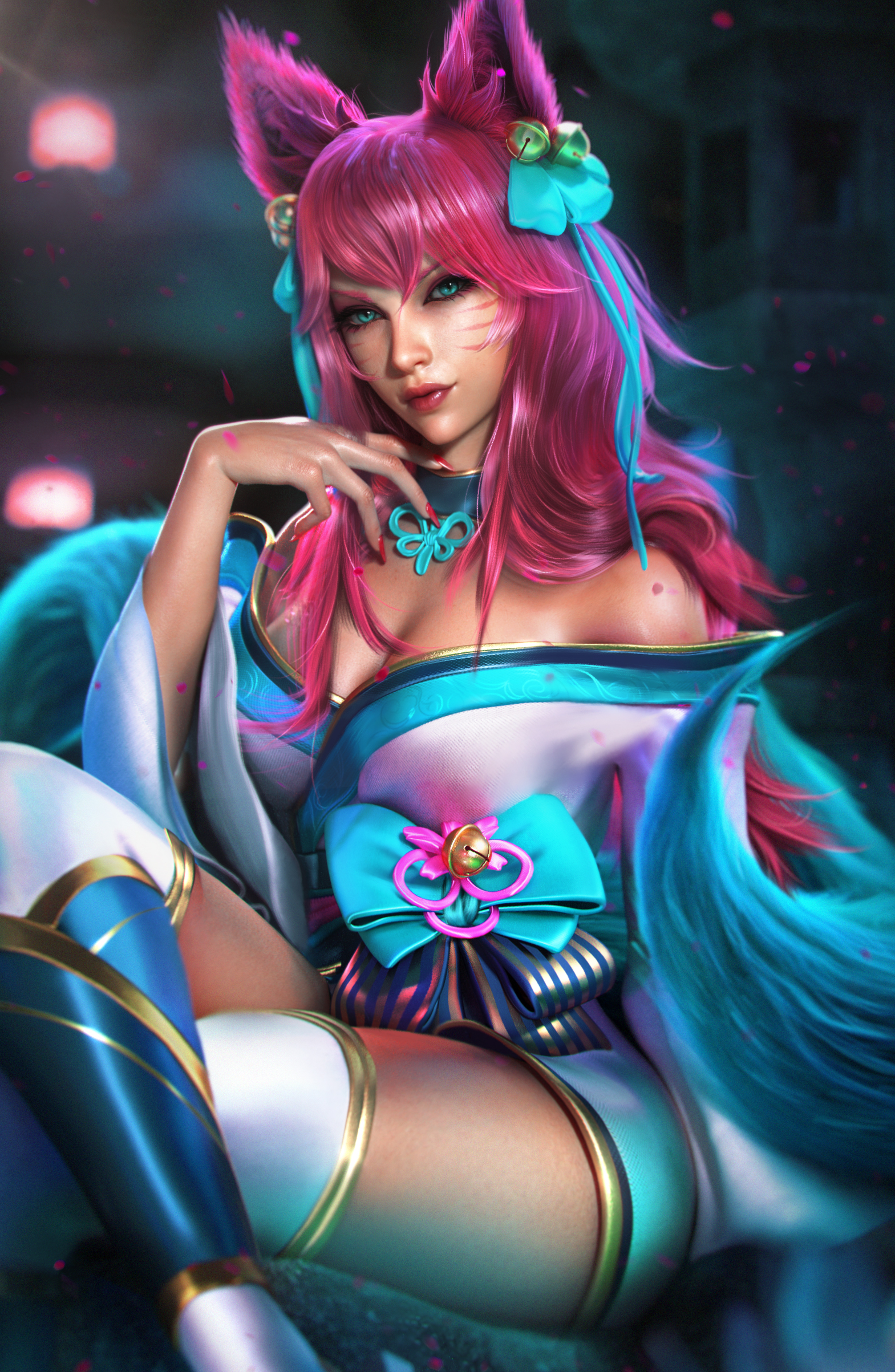 General 1569x2406 Ahri (League of Legends) League of Legends Spirit Blossom (League of Legends) video games pink hair video game girls fox girl video game characters tail fantasy girl looking at viewer blue eyes bare shoulders cleavage kimono sitting thigh-highs portrait display artwork CGI digital art fan art Sevenbees