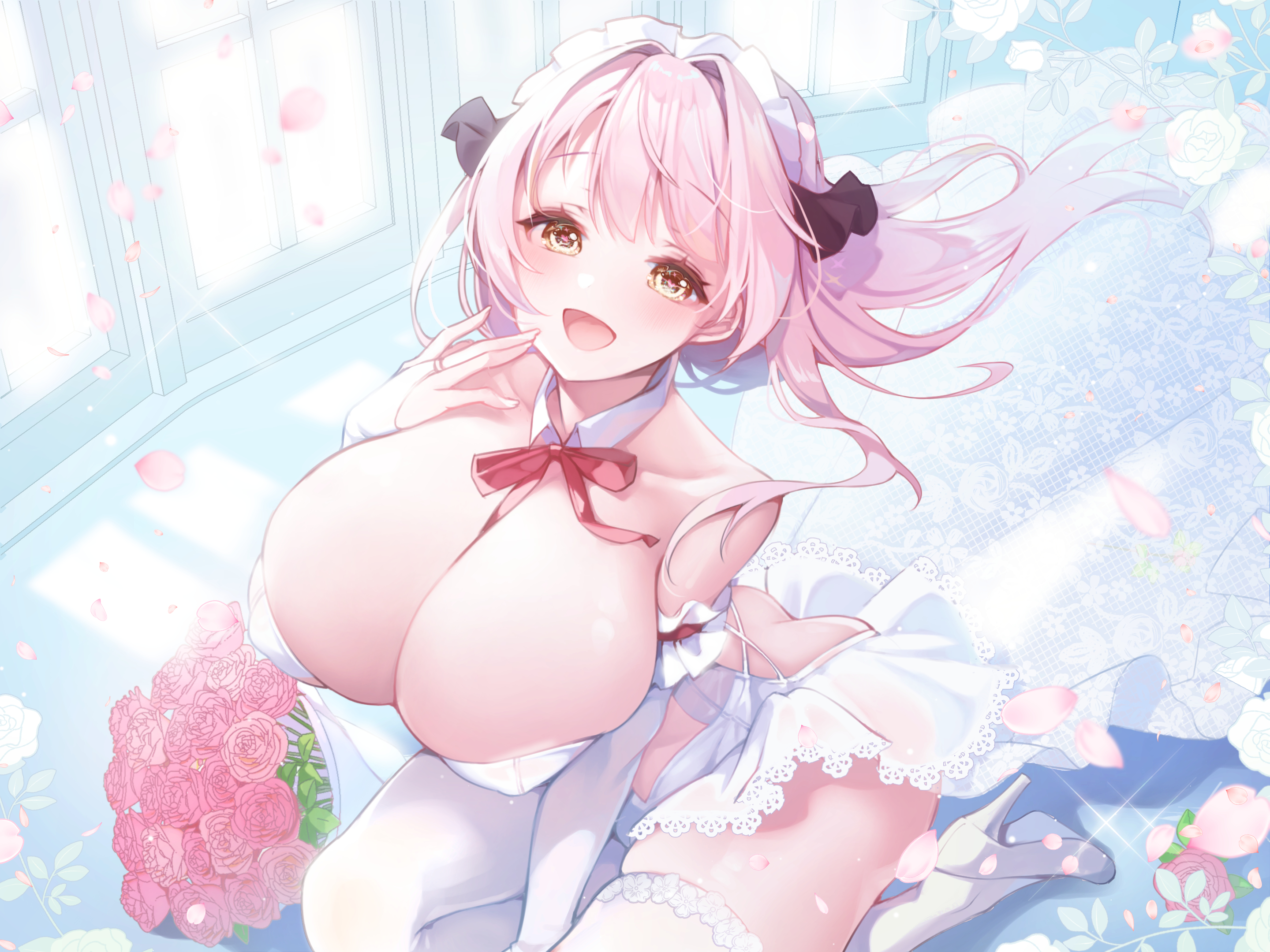 Anime 2880x2160 anime anime girls big boobs pink hair dress wedding dress thigh-highs cleavage kneeling artwork Kanola U high heels ass huge breasts bright