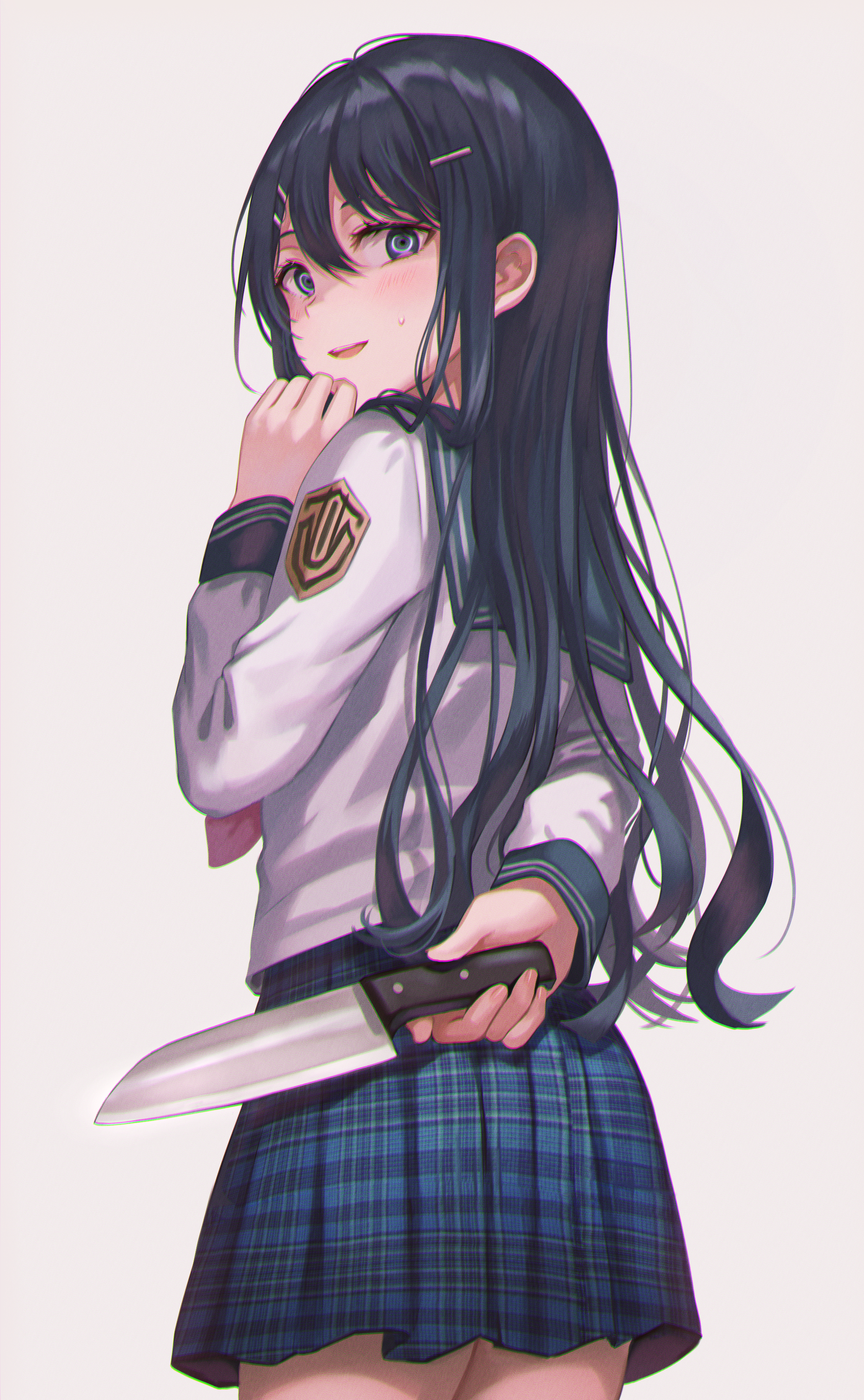 black hair, anime girl, school girl, holding a blood...