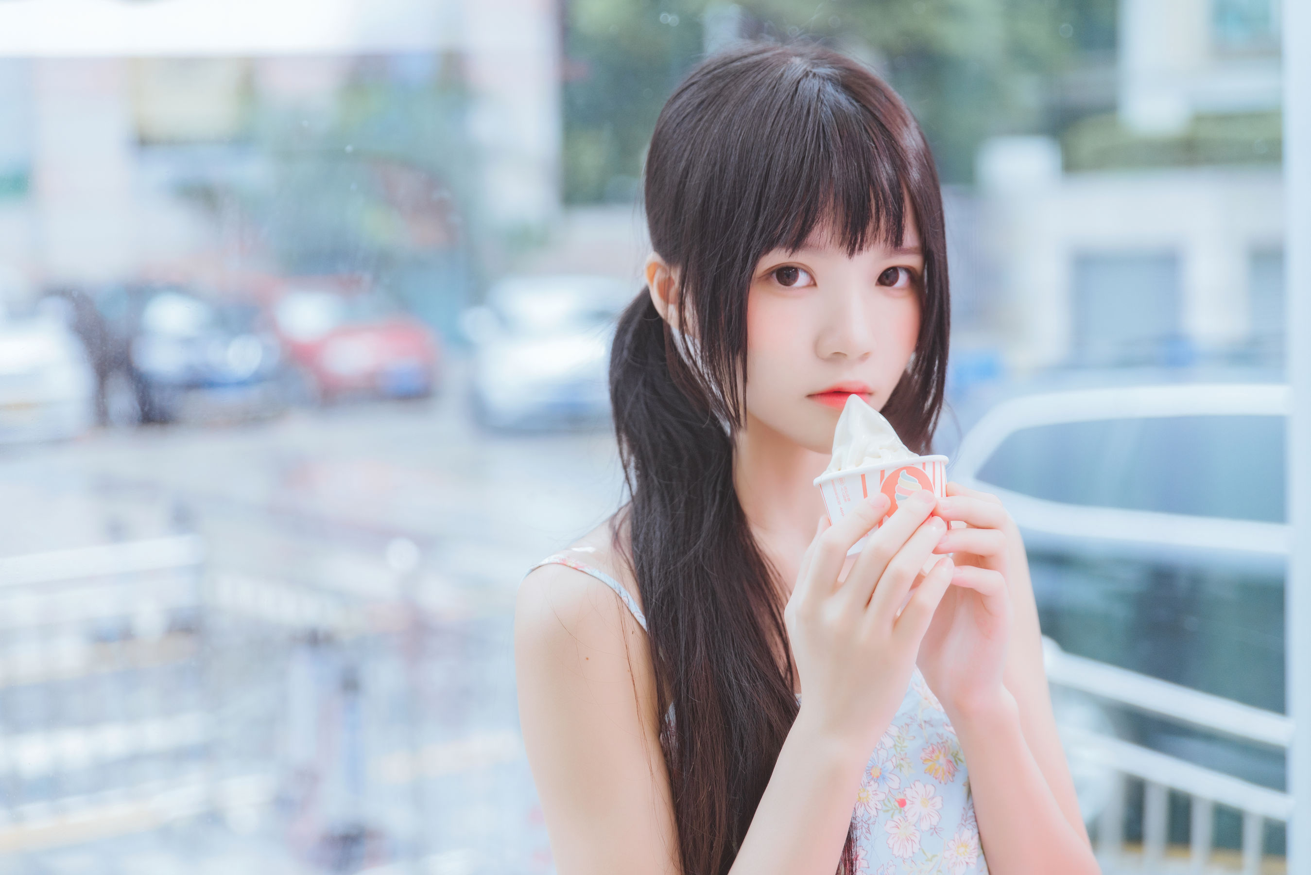 People 2698x1800 CherryNeko women Asian model ice cream women outdoors urban twintails long hair
