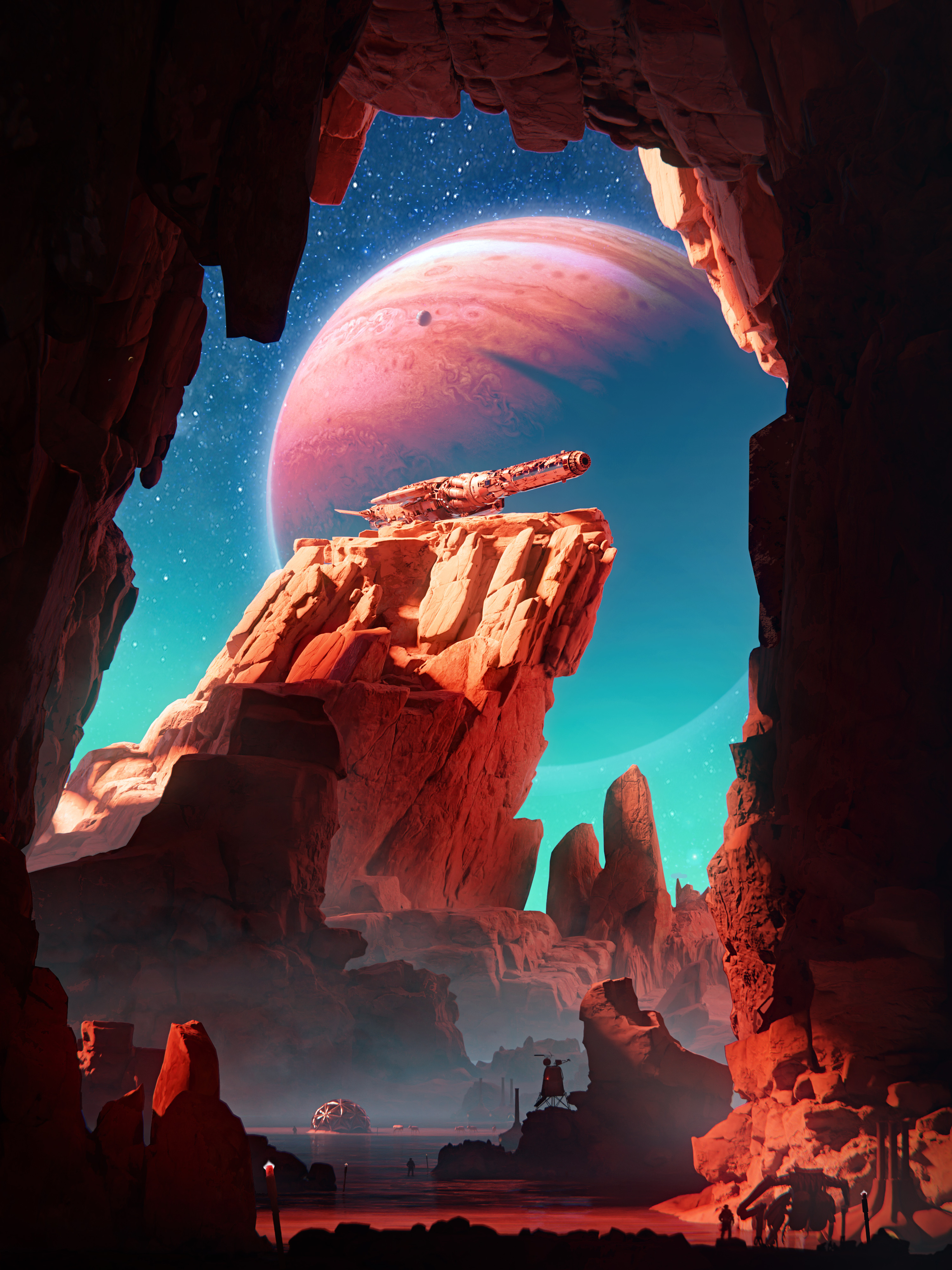 General 3000x4000 digital art artwork illustration space planet fantasy art spaceship cave mountains rock formation Jupiter