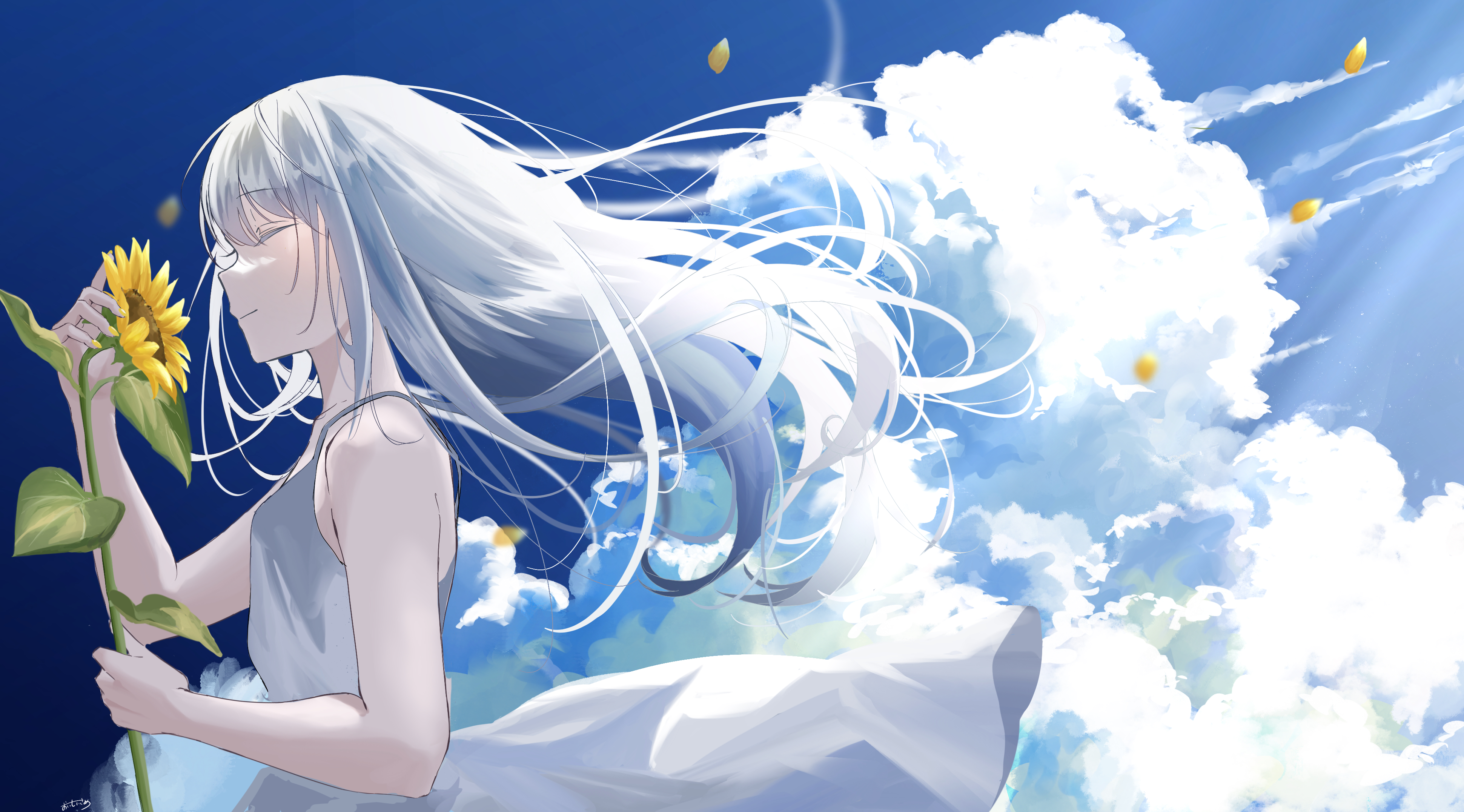 Anime 3881x2153 anime anime girls clouds closed eyes sky petals white hair sunflowers windy profile
