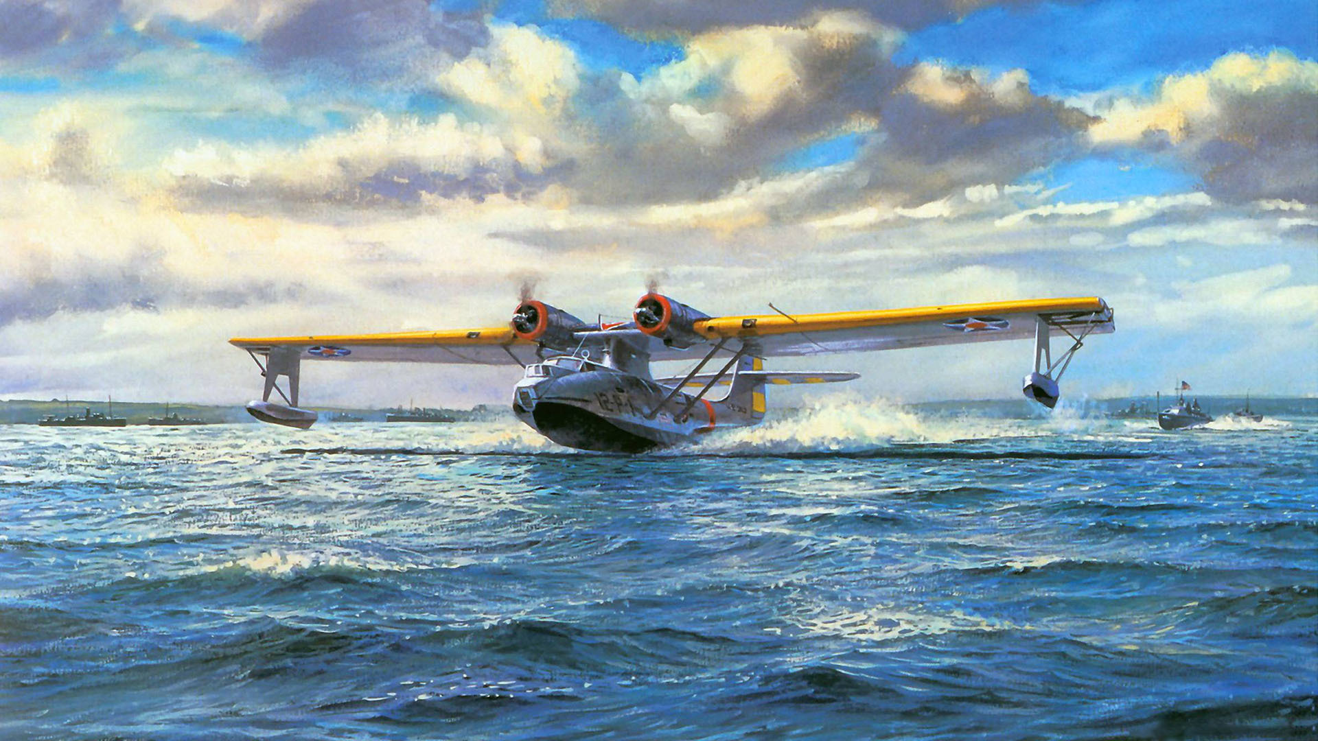 General 1920x1080 World War II war military aircraft airplane military aircraft Consolidated PBY Catalina USA Flying boat air force painting take-off US Air Force Roy Cross floatplane sky clouds water American aircraft