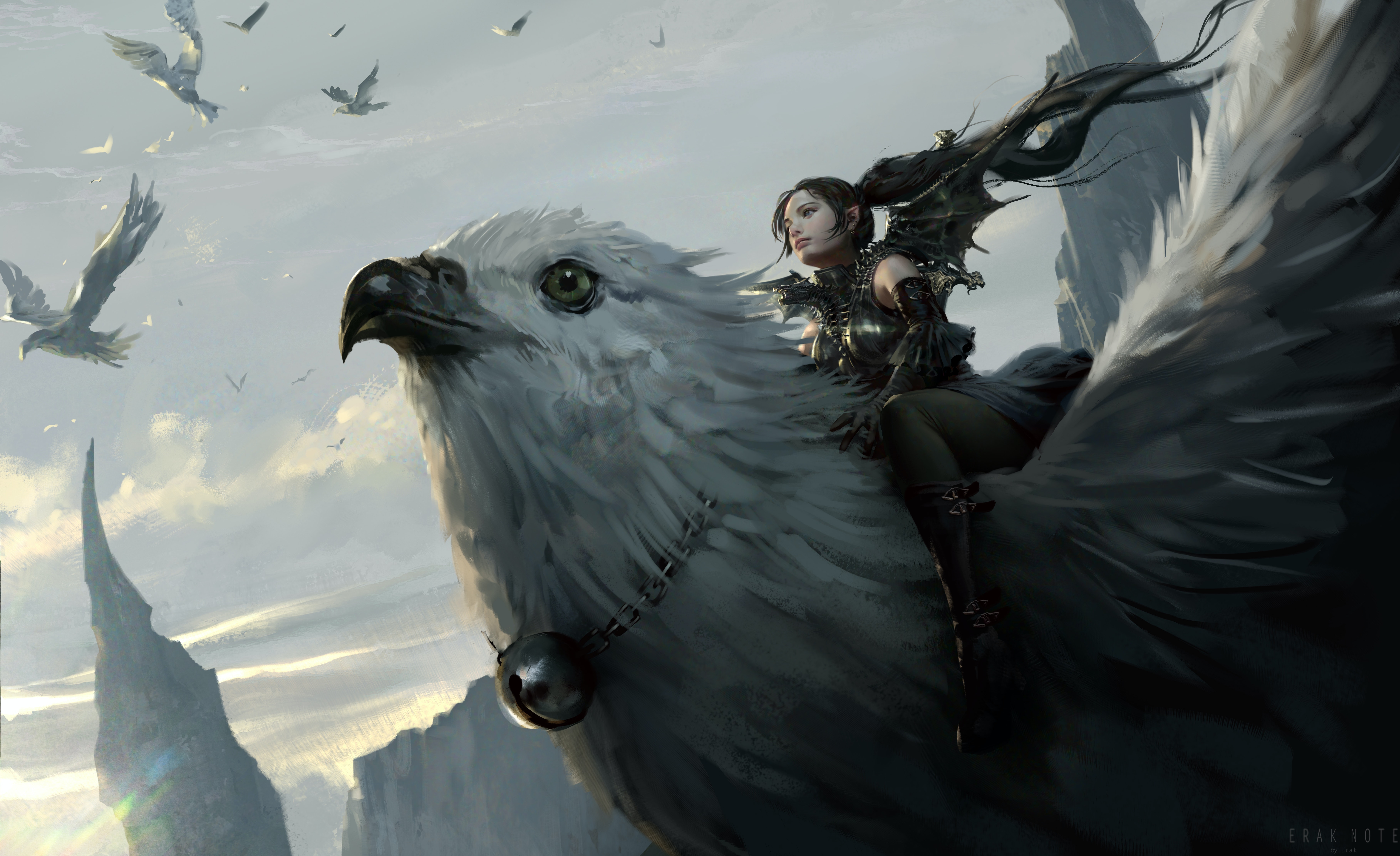 General 7271x4447 Erak Note digital art artwork illustration women fantasy art fantasy girl wings eagle animals flying long hair dark hair