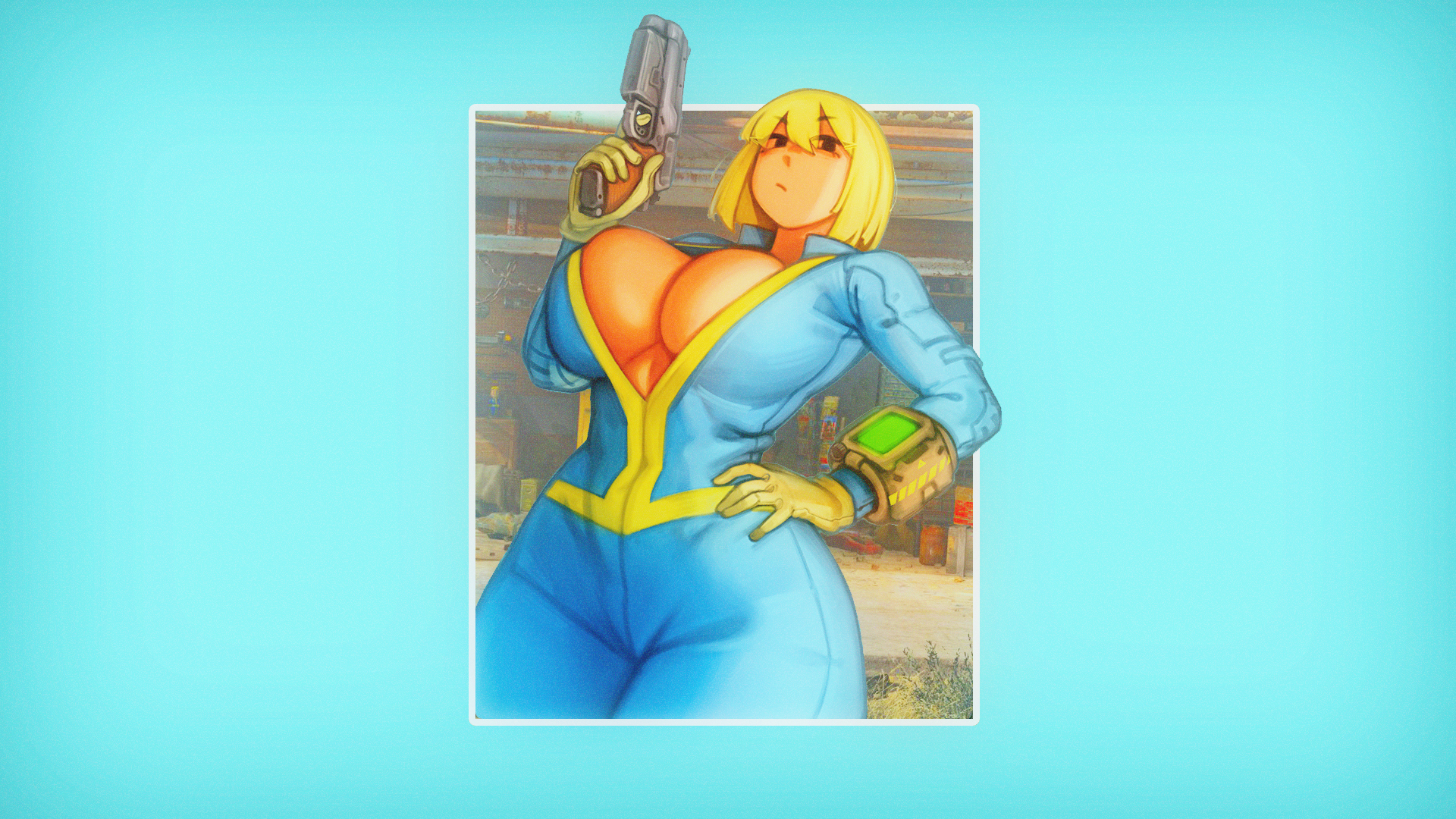 Anime 1920x1080 anime anime girls simple background picture-in-picture Fallout 4 vault girl cleavage open shirt big boobs gun girls with guns blonde