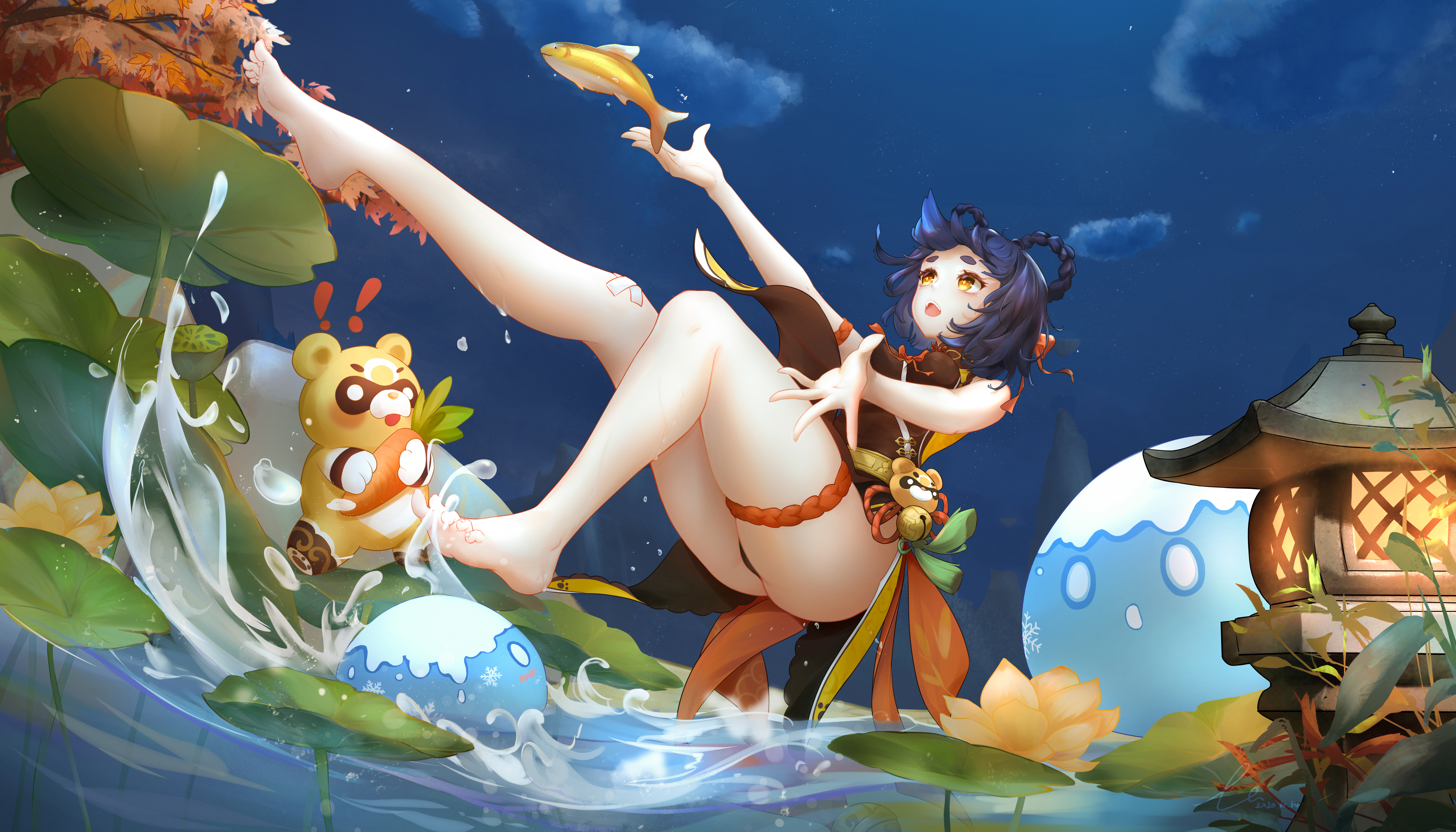 Anime 6930x3960 anime anime girls Xiangling (Genshin Impact) Genshin Impact water water lilies yellow eyes low-angle fish Liu Liaoliao clouds arms reaching barefoot pointed toes short hair open mouth dark hair leaves foot sole legs thighs sky braids animals dress toes sleeveless chinese clothing band-aid