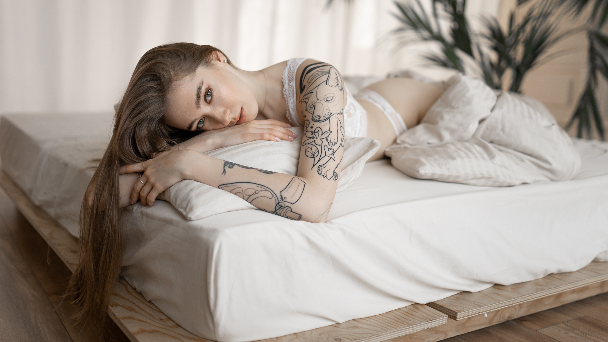 People 2048x1152 women white lingerie tattoo mattresses long hair women indoors curtains