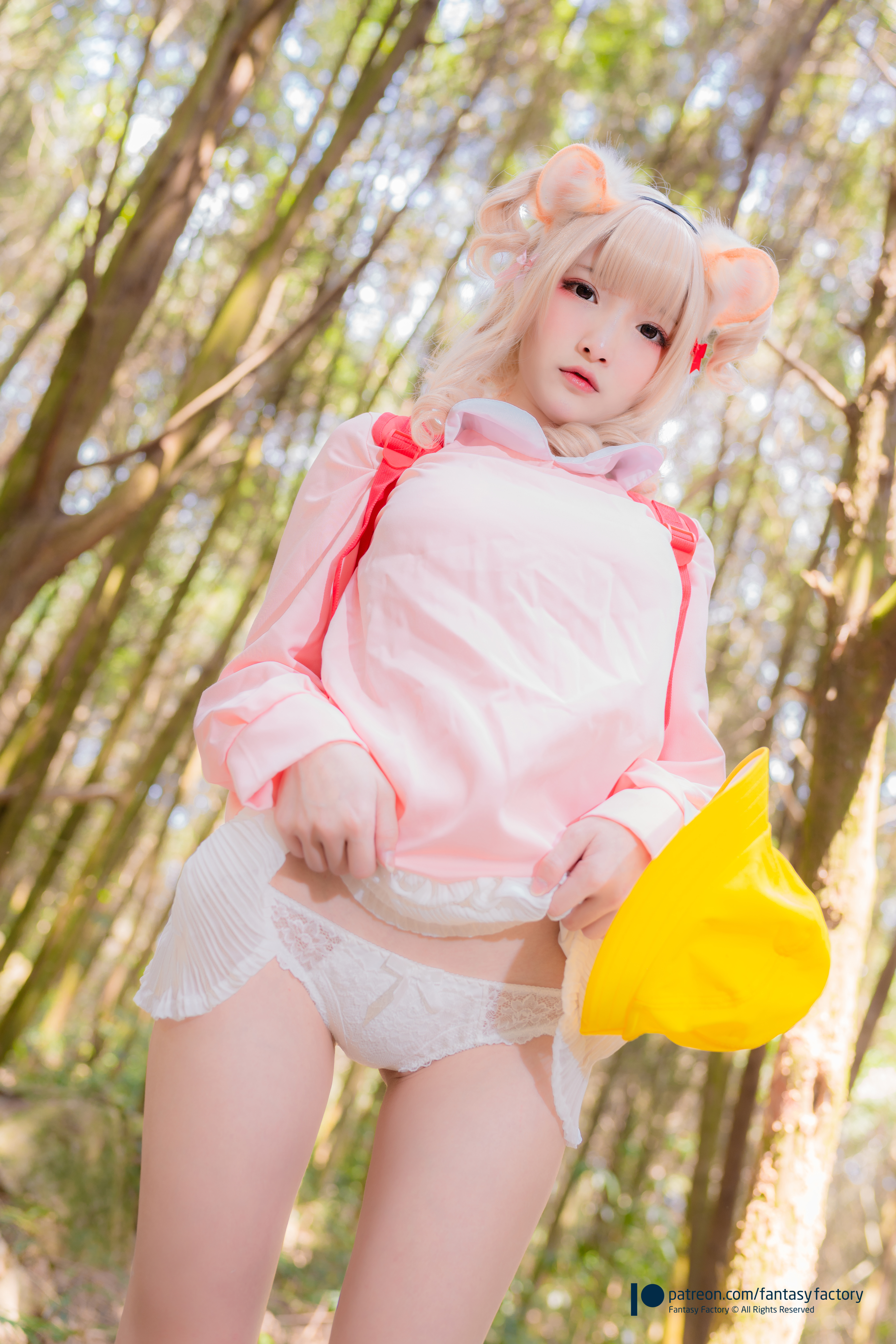 People 4002x6000 Fantasy Factory women model Asian animal ears cosplay blonde dress pink dress lifting dress underwear panties white panties outdoors women outdoors forest looking at viewer parted lips bangs low-angle
