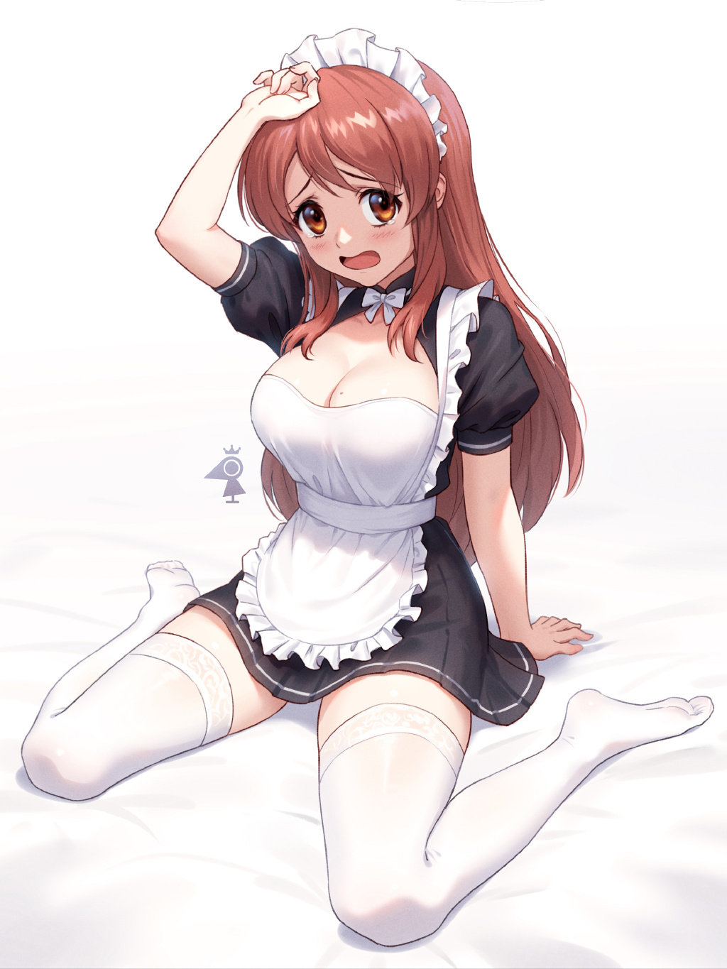 Anime 1024x1365 anime anime girls The Melancholy of Haruhi Suzumiya Asahina Mikuru brunette long hair brown eyes maid outfit thigh-highs cleavage kneeling bright white background whole body spread legs bent legs one arm up big boobs hands on floor simple background maid open mouth wariza