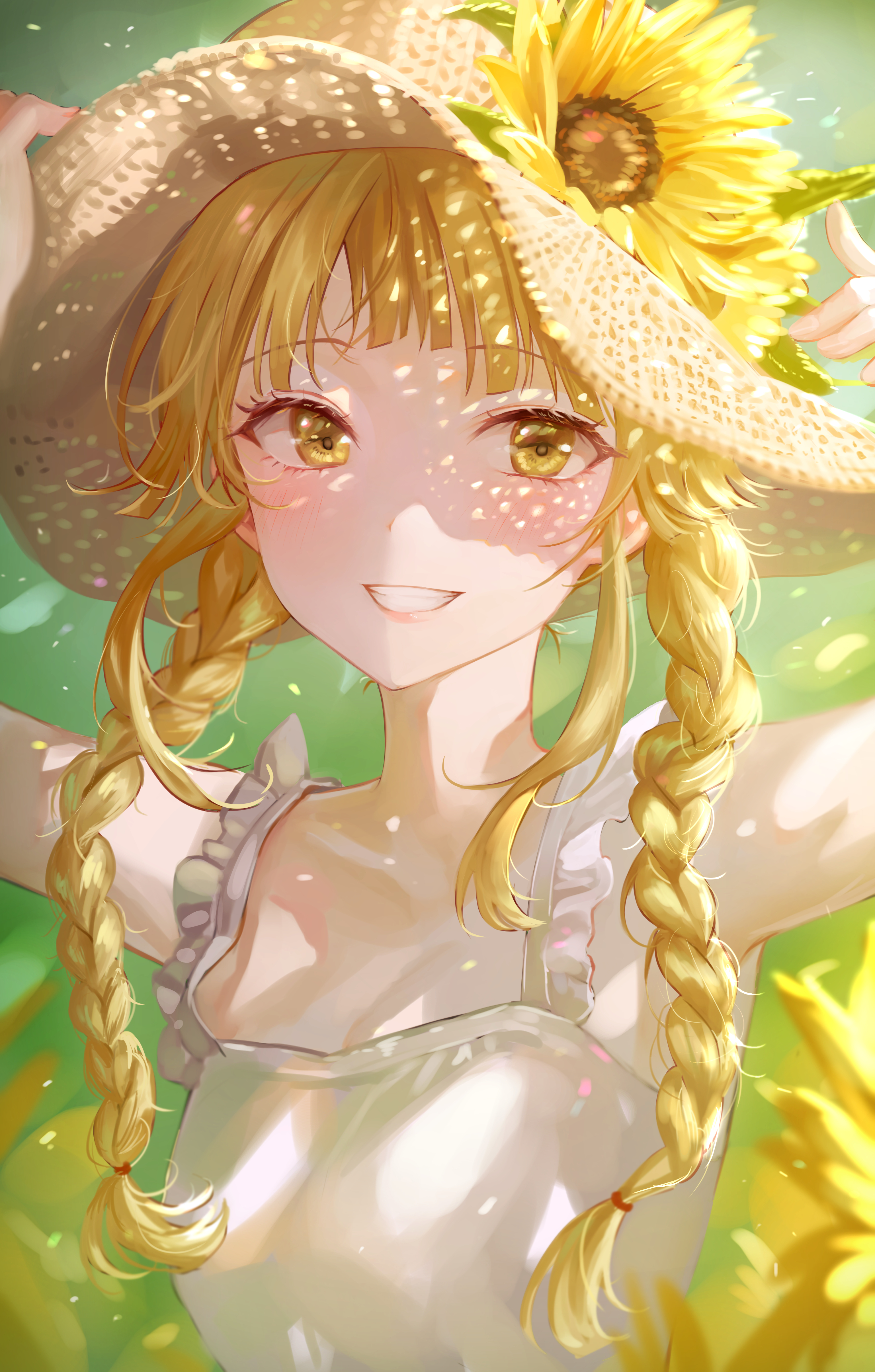 Anime 3073x4819 anime anime girls Tokkyu (artista) artwork BanG Dream! Tsurumaki Kokoro blonde braids yellow eyes smiling straw hat